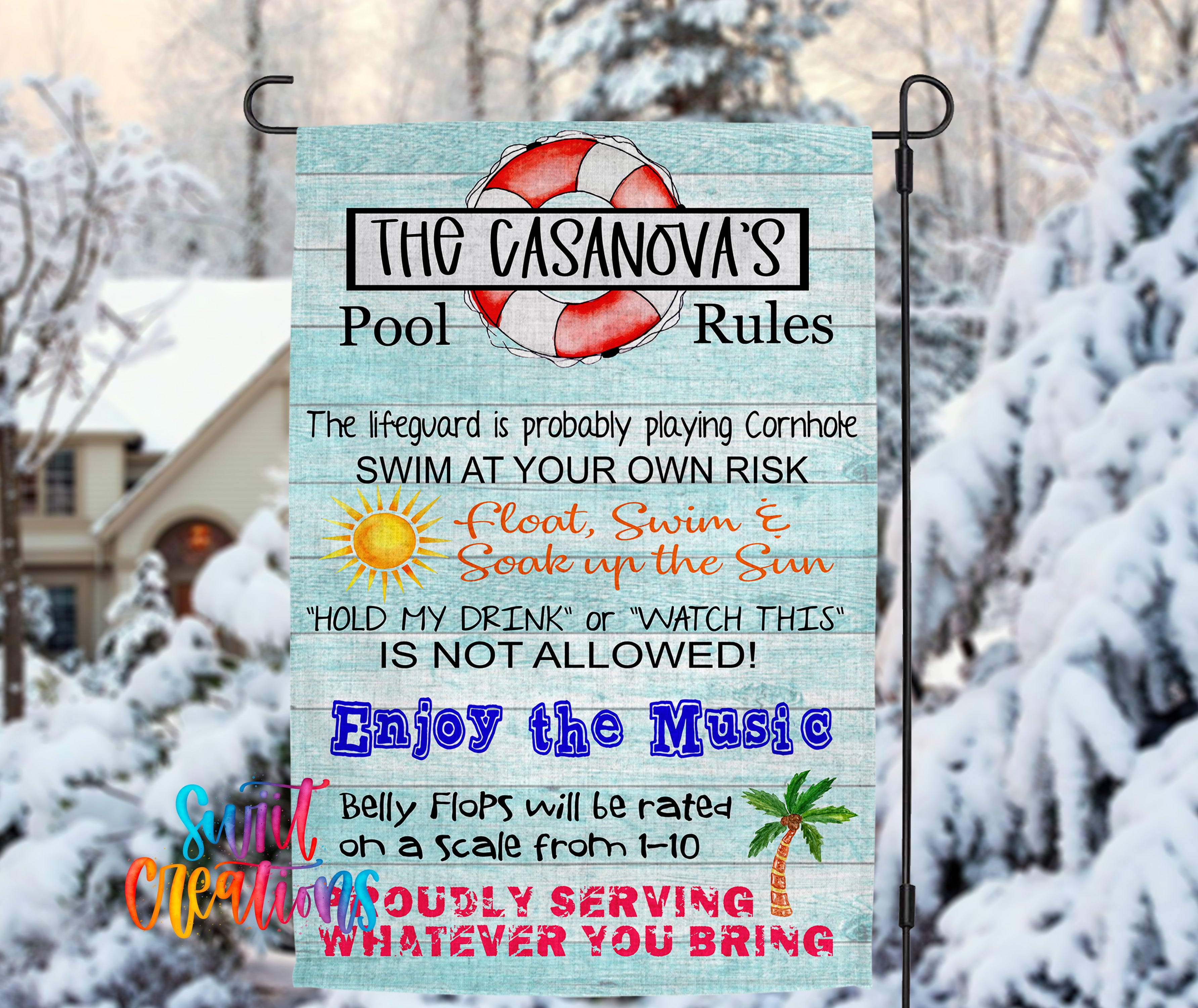 a sign with a beach theme, including a lifeguard's rules and a pool.
