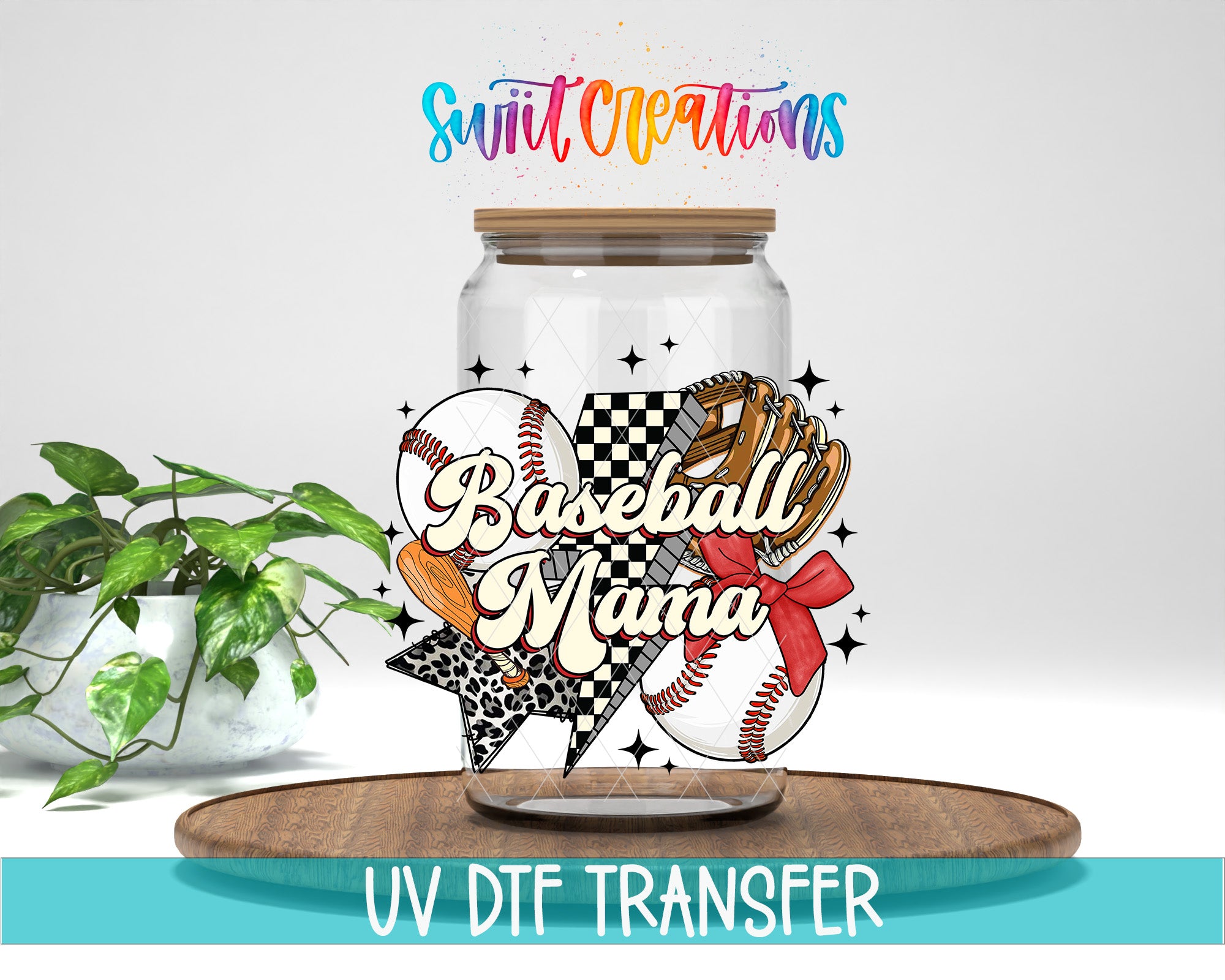 A glass jar with a baseball-themed design, including a baseball, glove, and star, along with the text "Baseball Mama" and the UV DFT Transfer logo.