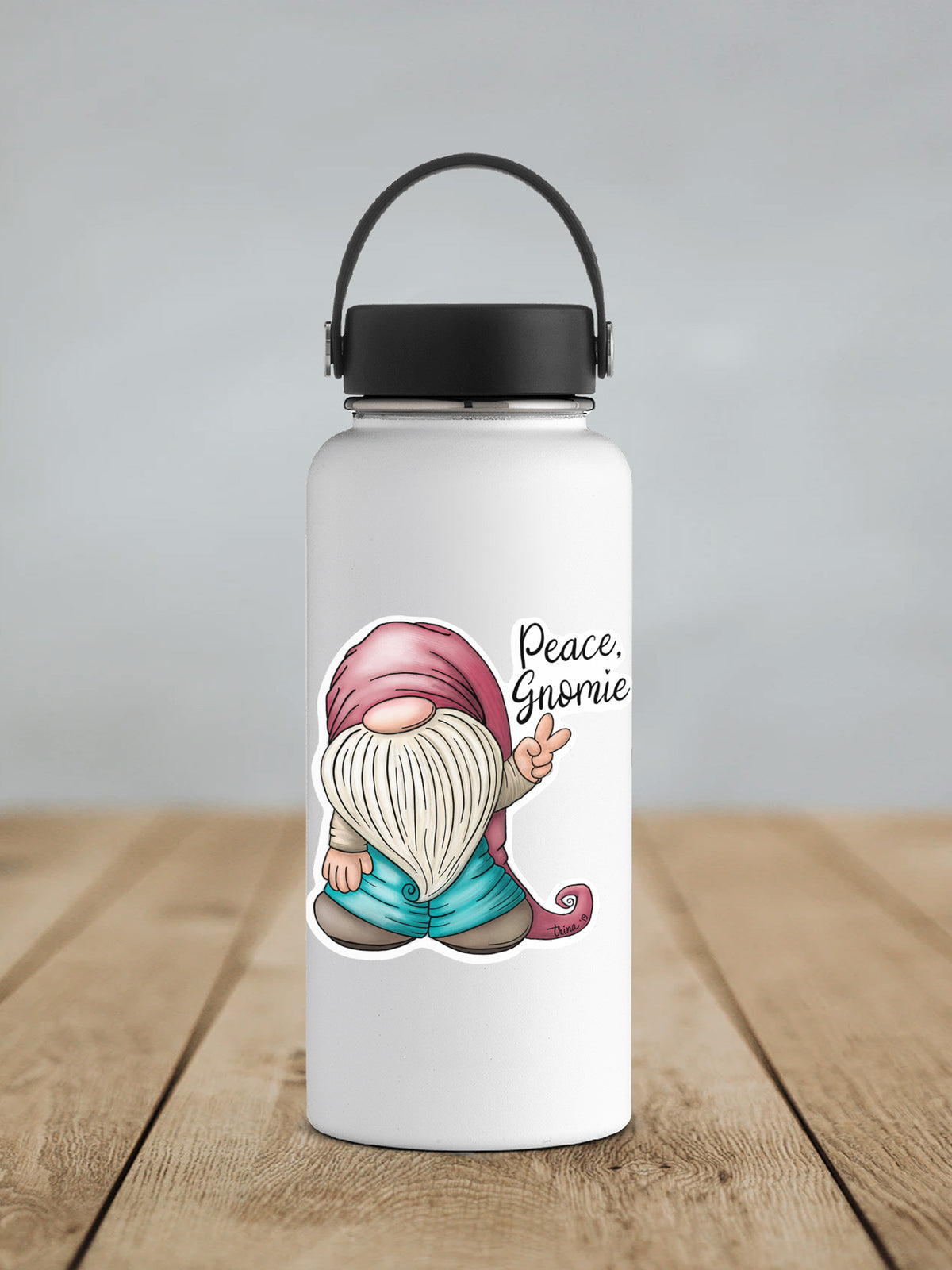 a water bottle with a picture of a gnome on it
