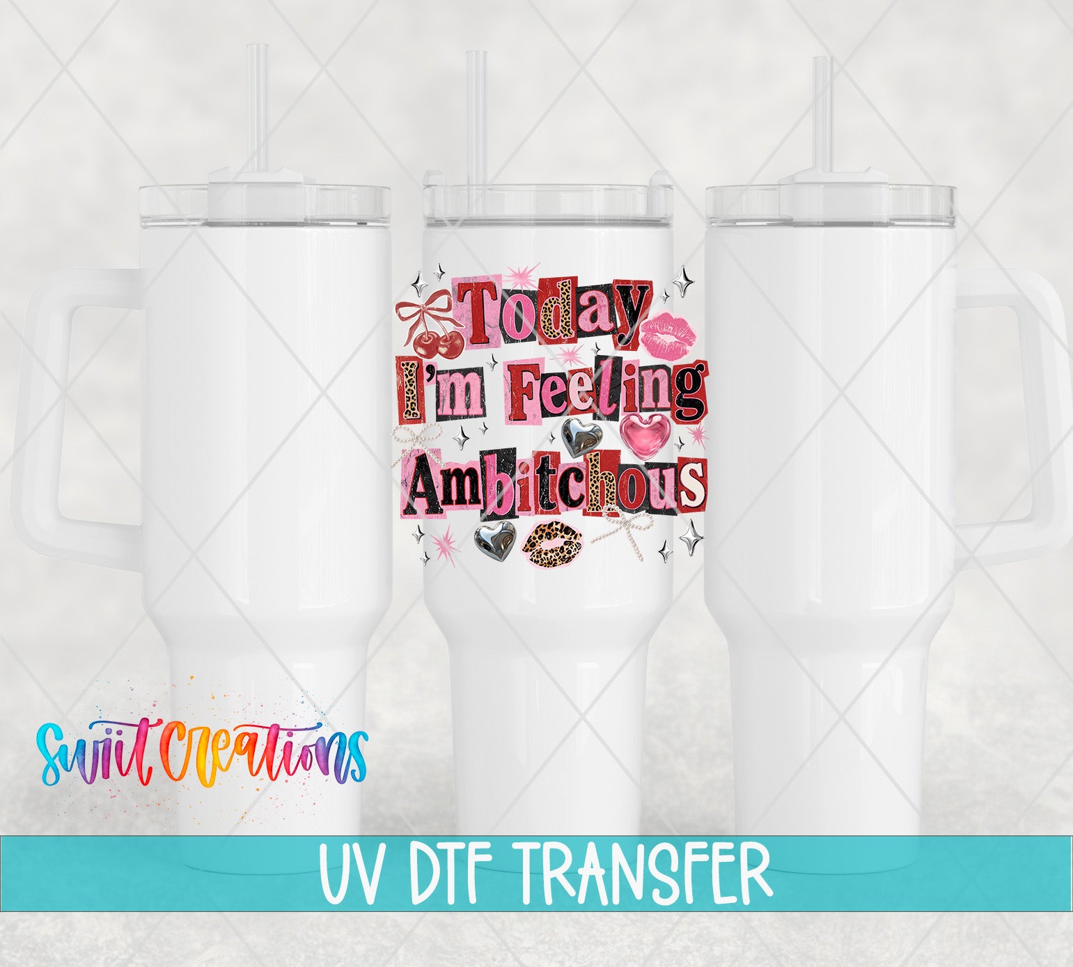 three white tumblers with a colorful design on the front, including text and various decorative elements.