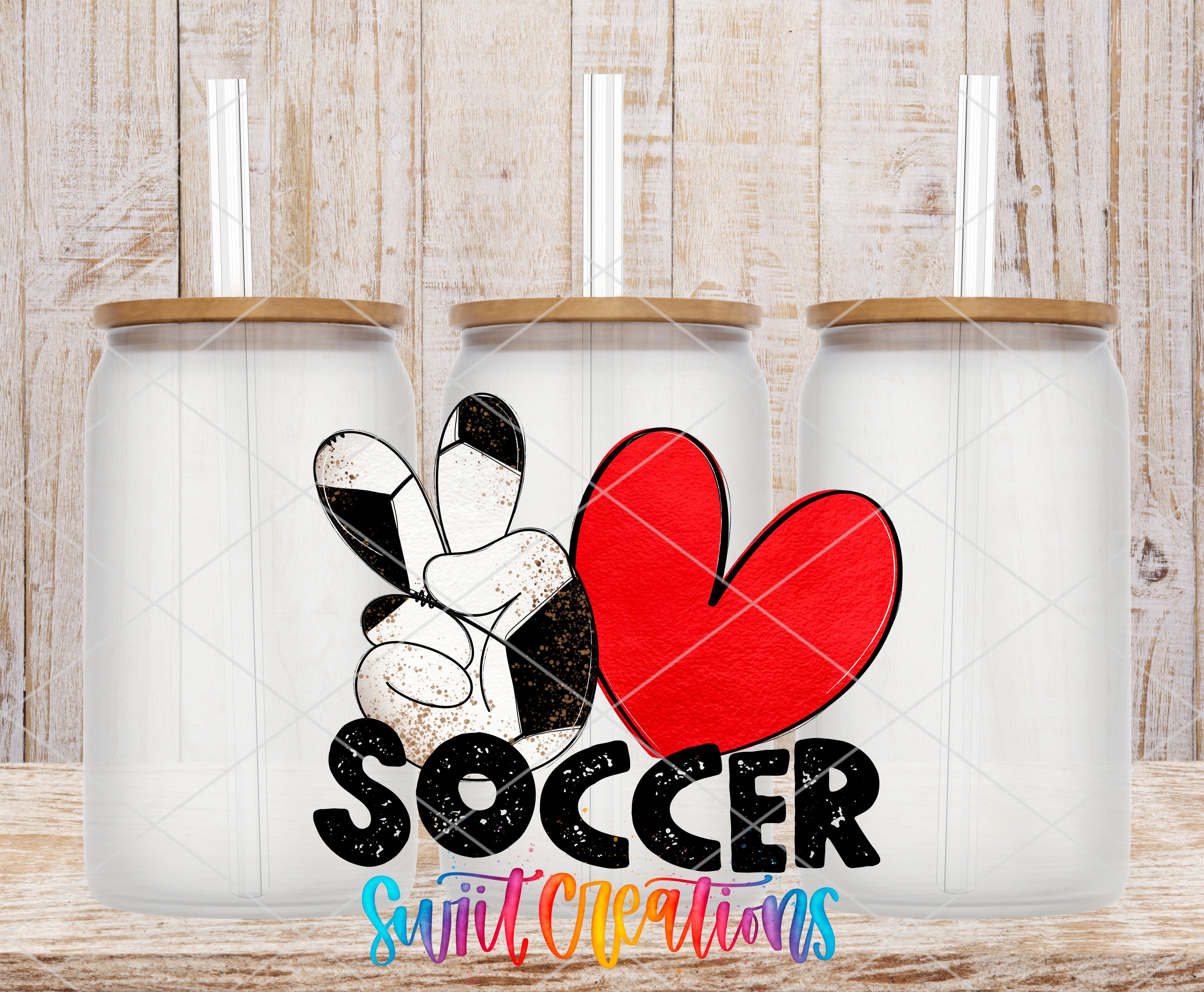 three clear glass jars with straws, each with a different design and color. The jars are arranged in a row, and the word "SOCcer" is prominently displayed in the center of the image.