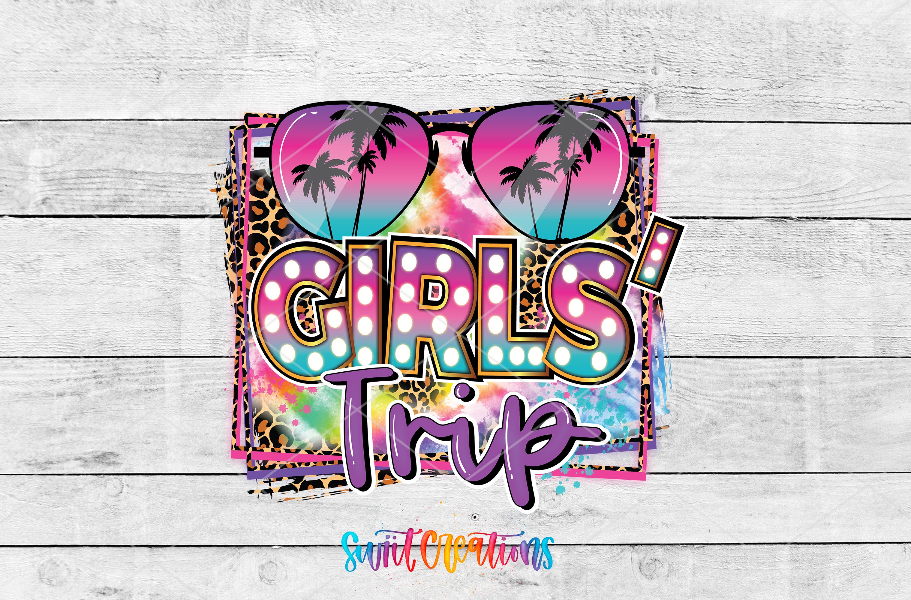 A colorful graphic design featuring sunglasses, palm trees, and the text "GIRLS' TRIP" in a stylized font.
