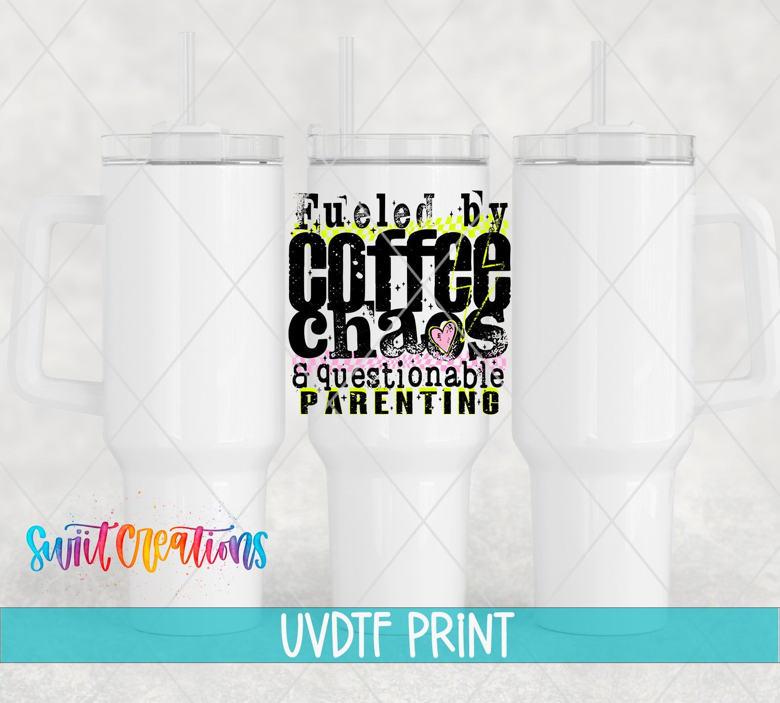 three white tumblers with a printed design on them, including text and graphics.
