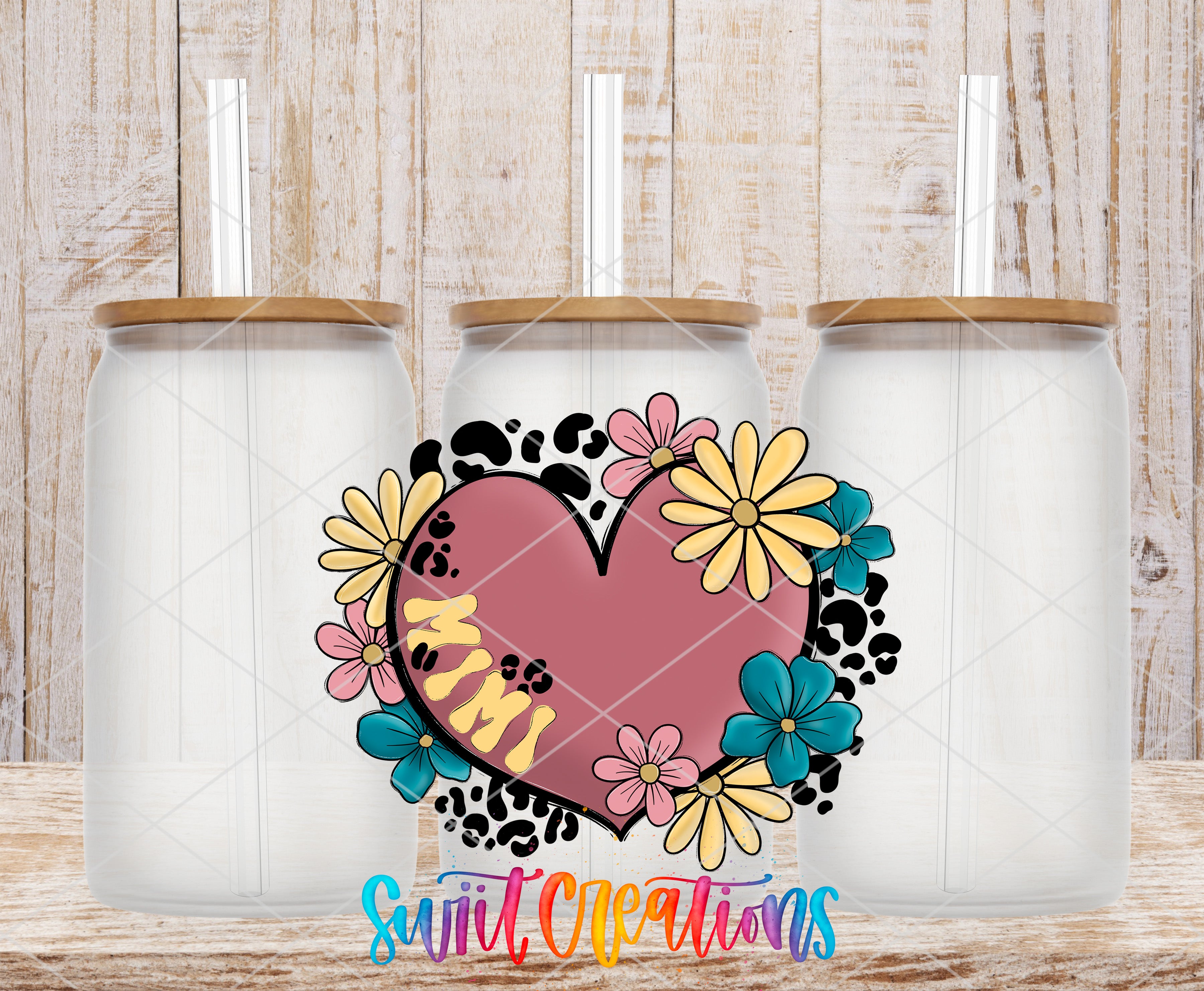 three glass jars with lids, each containing a straw, arranged in a row against a wooden background. The jars are decorated with a colorful floral design, including yellow and pink flowers, and leopard print accents. The text "Sweet Creations" is displayed in the bottom right corner of the image.