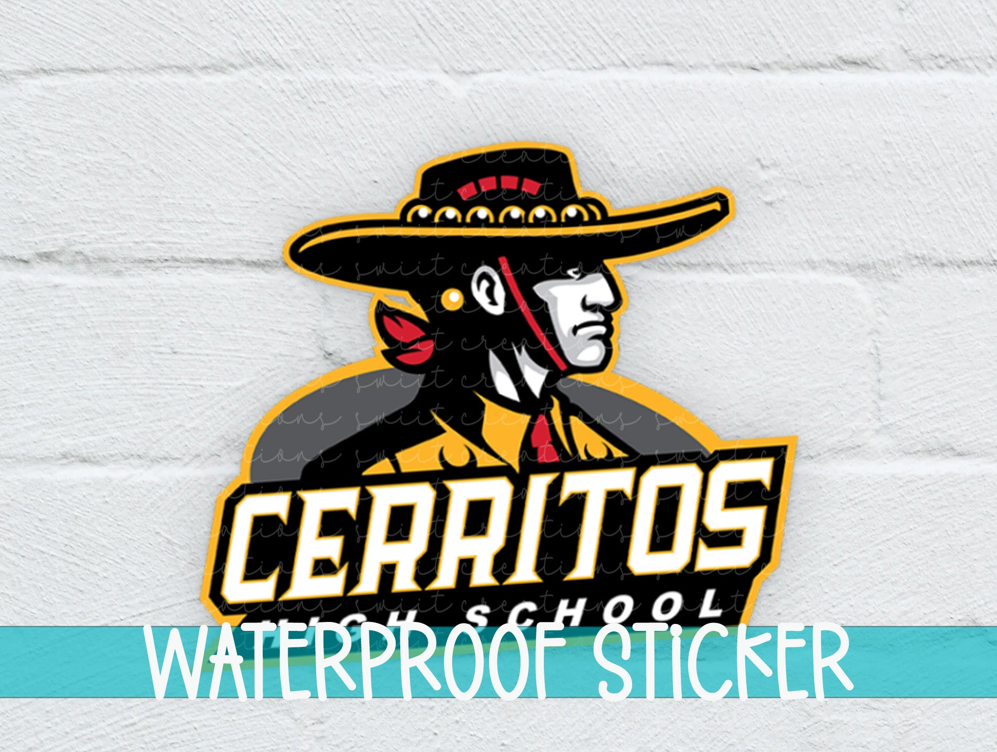 the logo of a waterproof sticker on a white brick wall