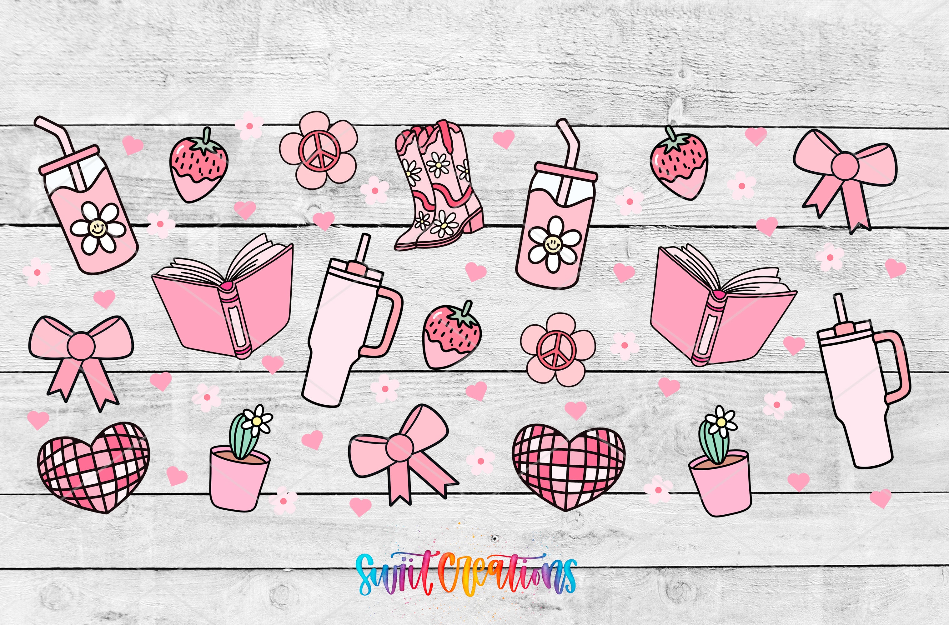 various pink and white illustrations, including a drink, flowers, a book, a heart, a bow, a cup, a potted plant, and a strawberry. The illustrations are scattered across a wooden background, creating a visually appealing and playful composition.