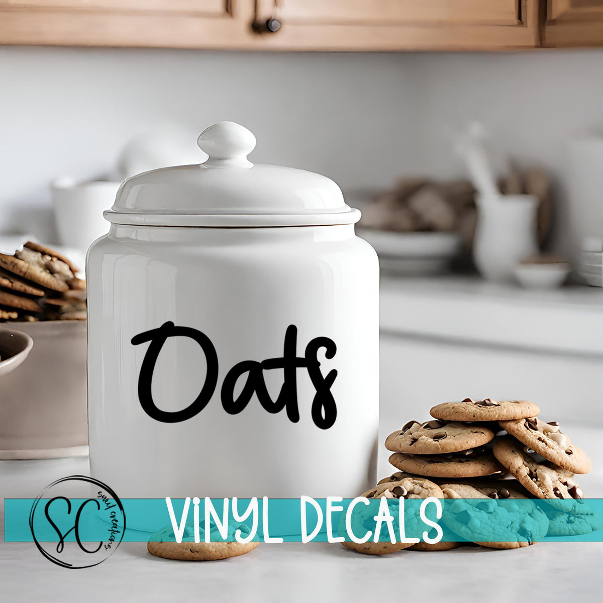 a cookie jar sitting on a kitchen counter next to cookies