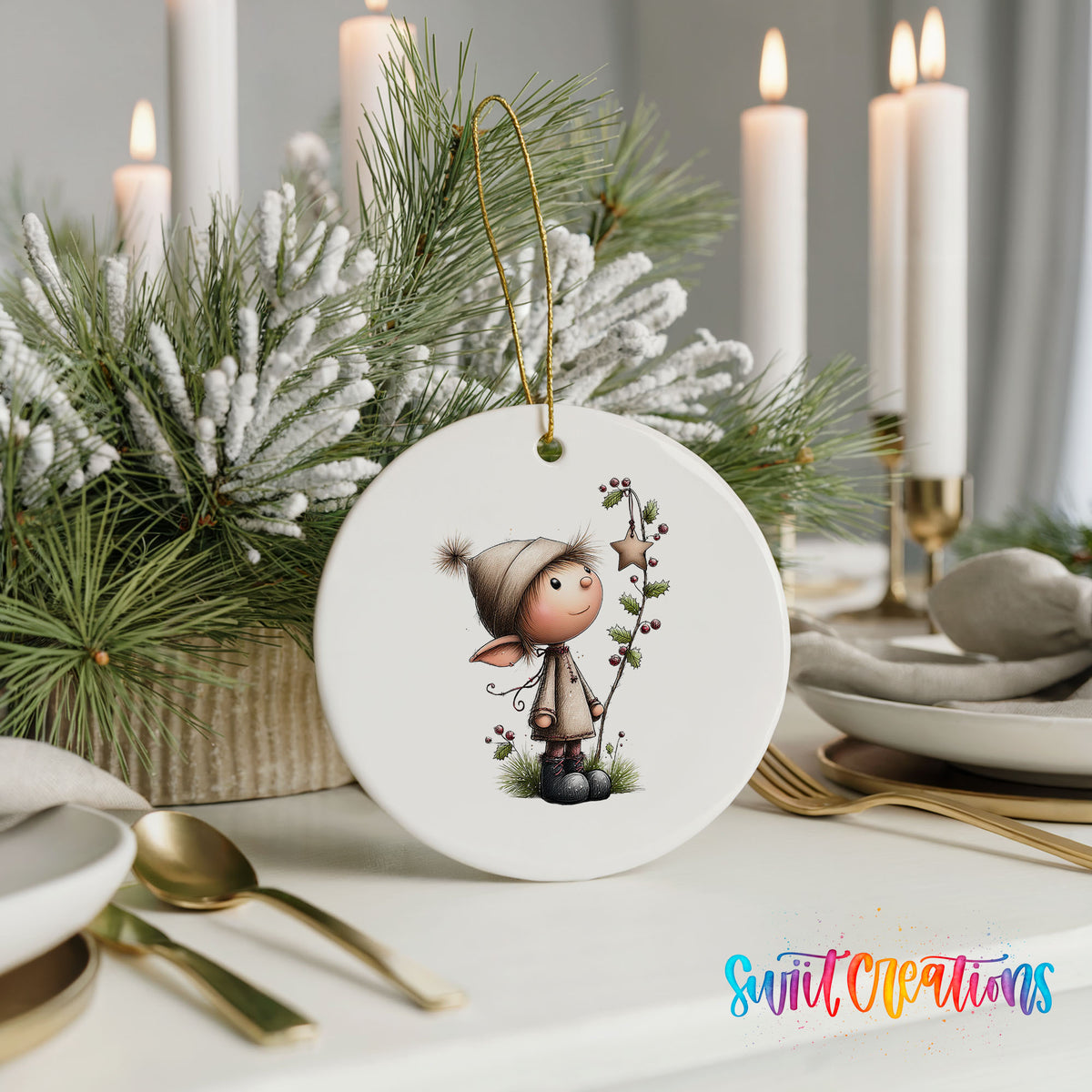 A white ceramic ornament featuring a cartoon elf holding a star and surrounded by pine branches, placed on a table with candles and other holiday decorations.