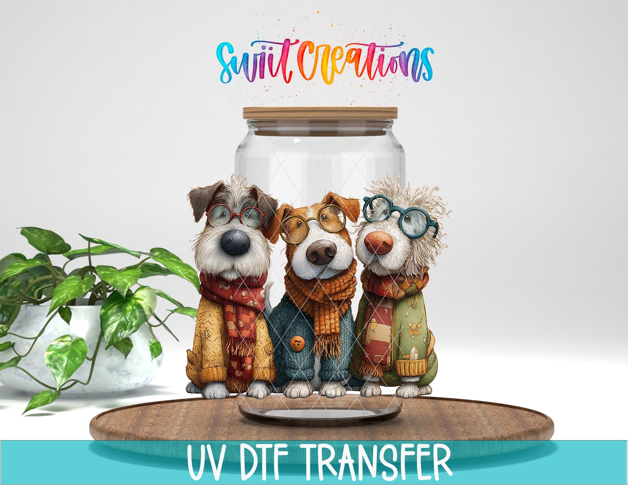 Three anthropomorphized dogs wearing glasses and colorful scarves are standing next to a glass jar with a wooden lid, accompanied by a potted plant and a wooden tray.
