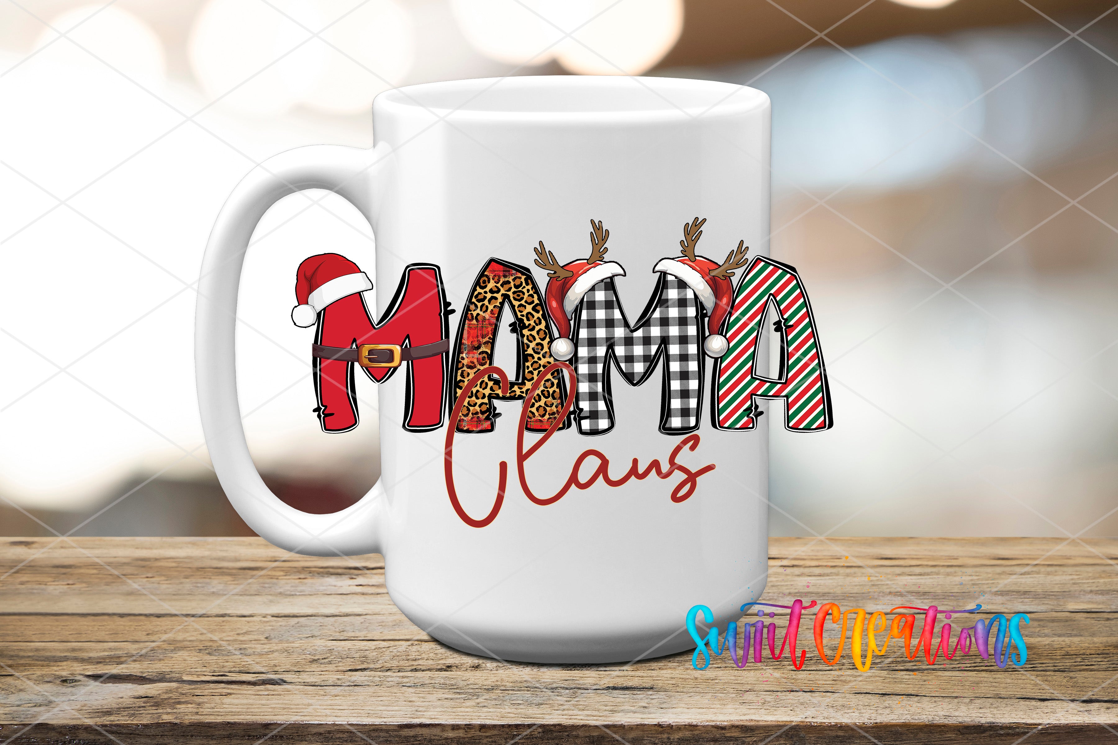 A white mug with the word "MAMA" written on it in a stylized font, along with Santa Claus and reindeer decorations.