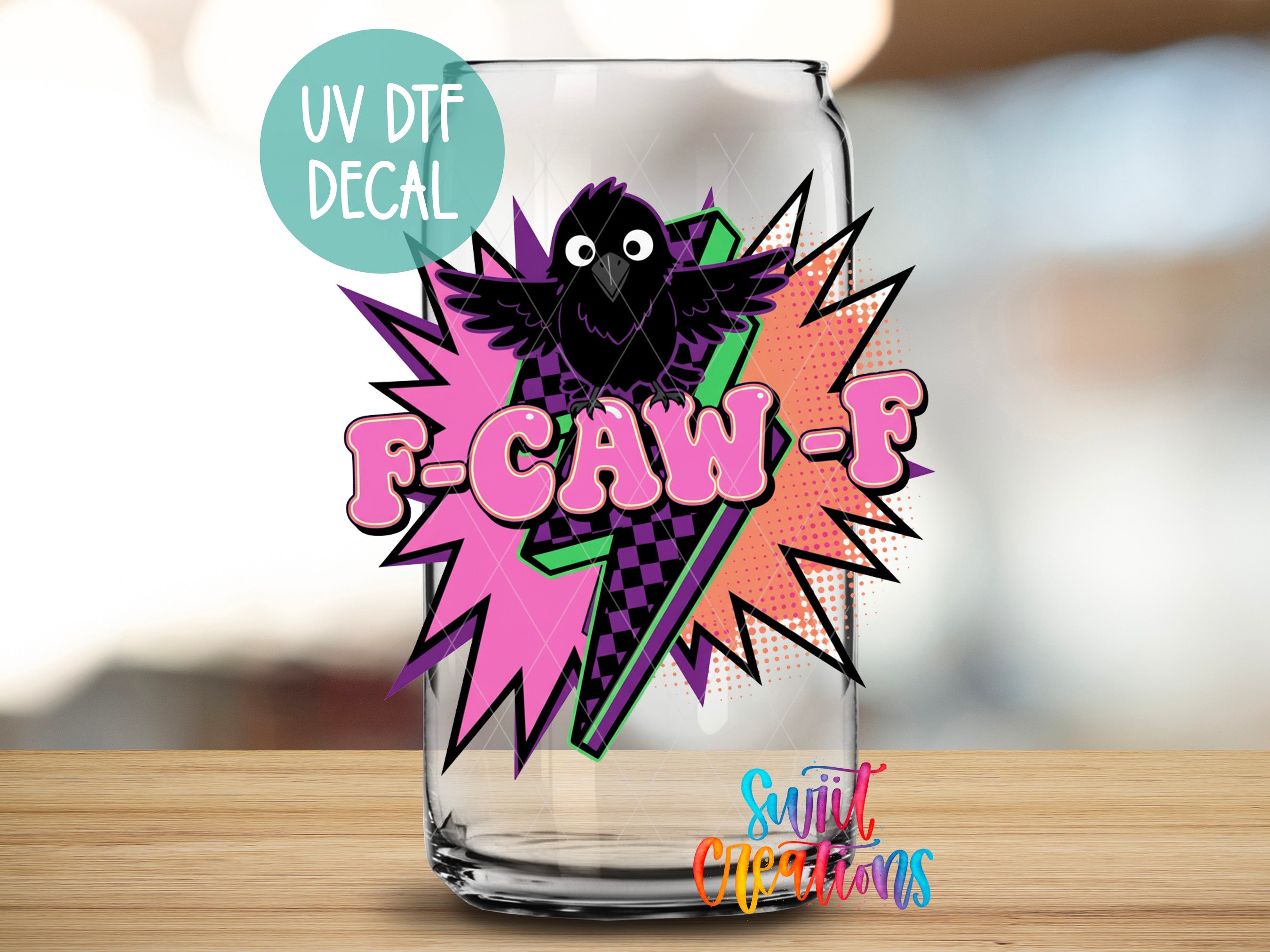a glass can with a colorful, stylized design on it, including a bird and a lightning bolt.