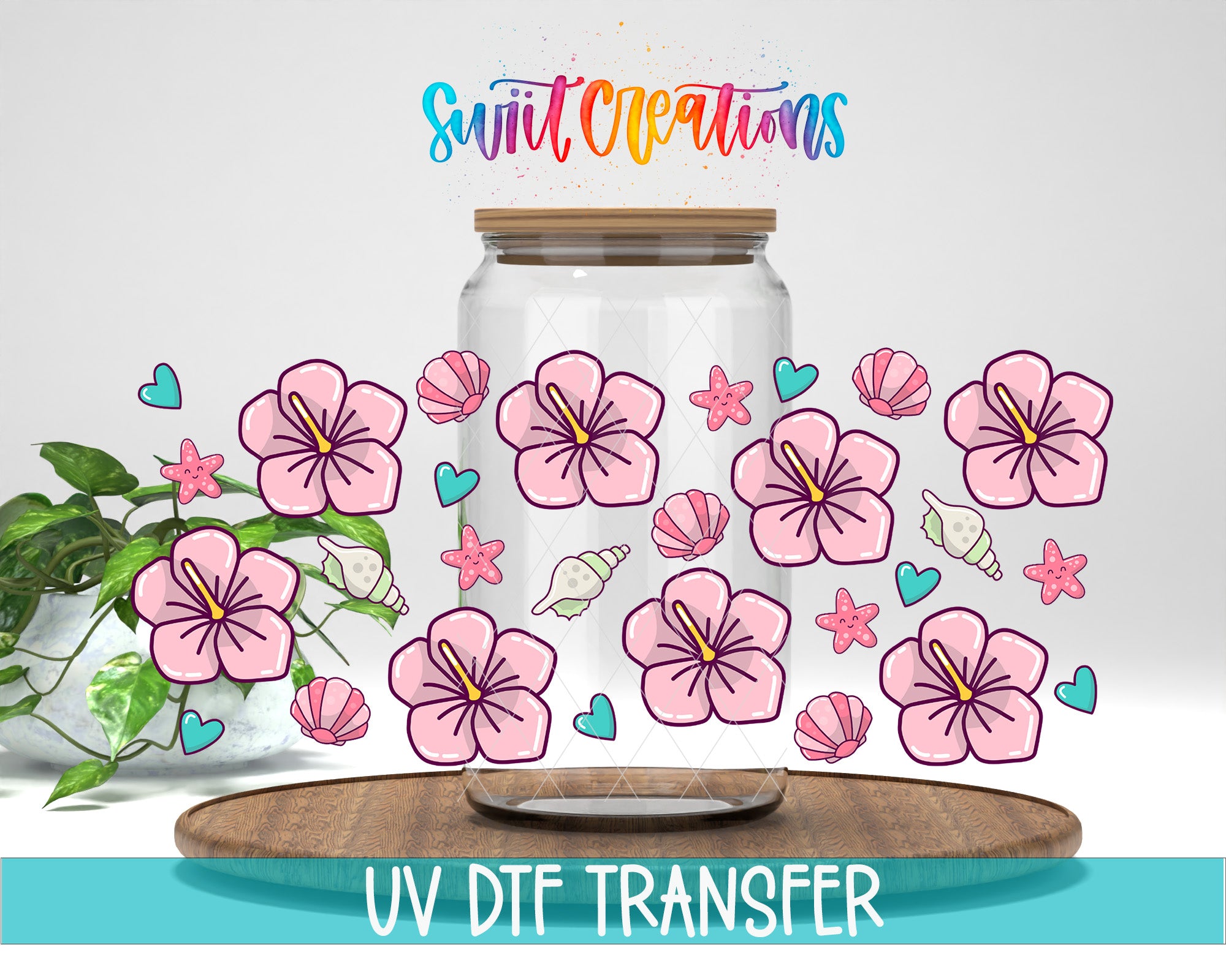 a glass jar filled with pink flowers and various sea-themed elements, such as hearts, shells, and starfish, placed on a wooden surface.