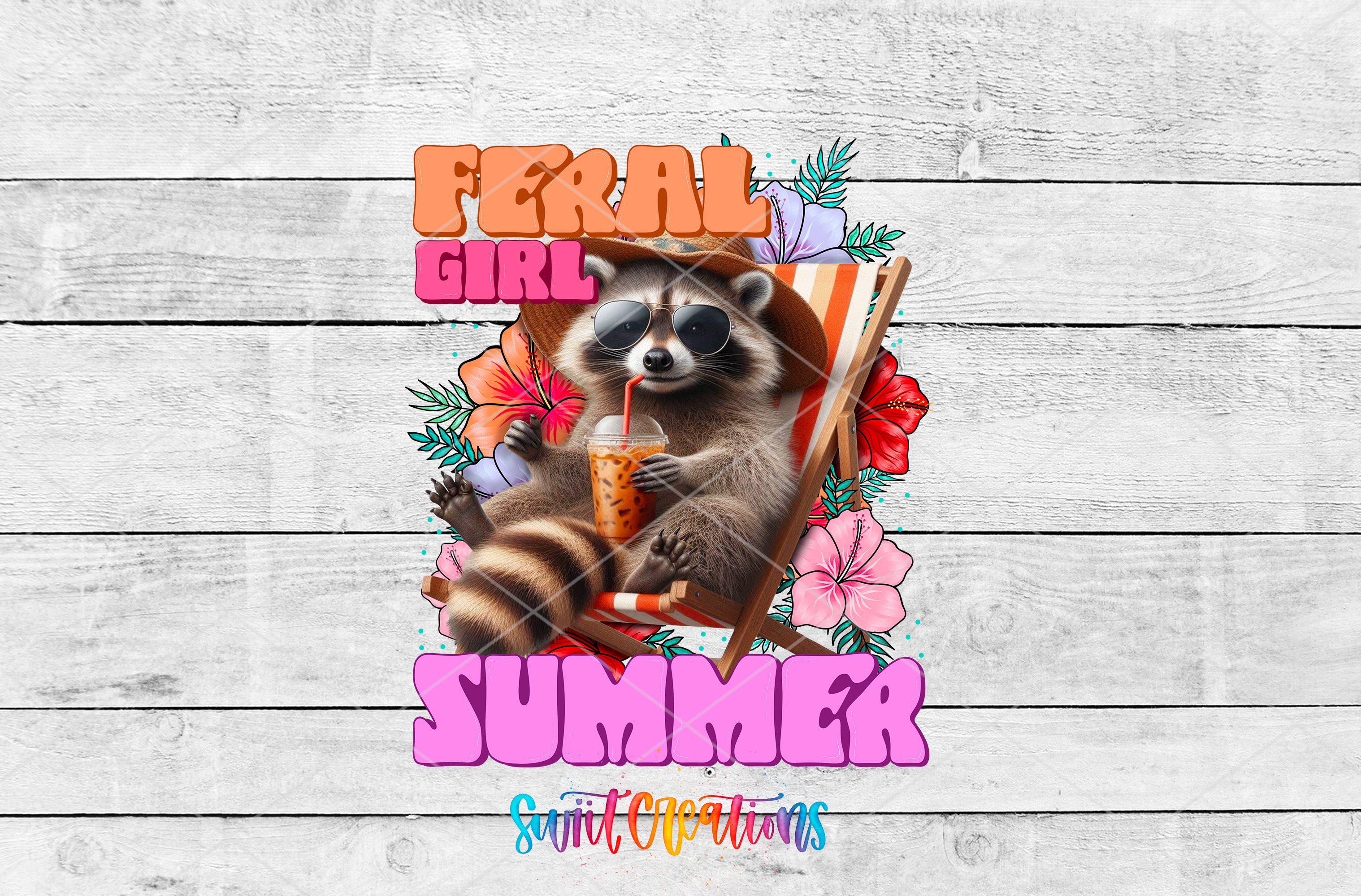 A raccoon sitting in a beach chair, surrounded by flowers and the text "Feral Girl Summer"