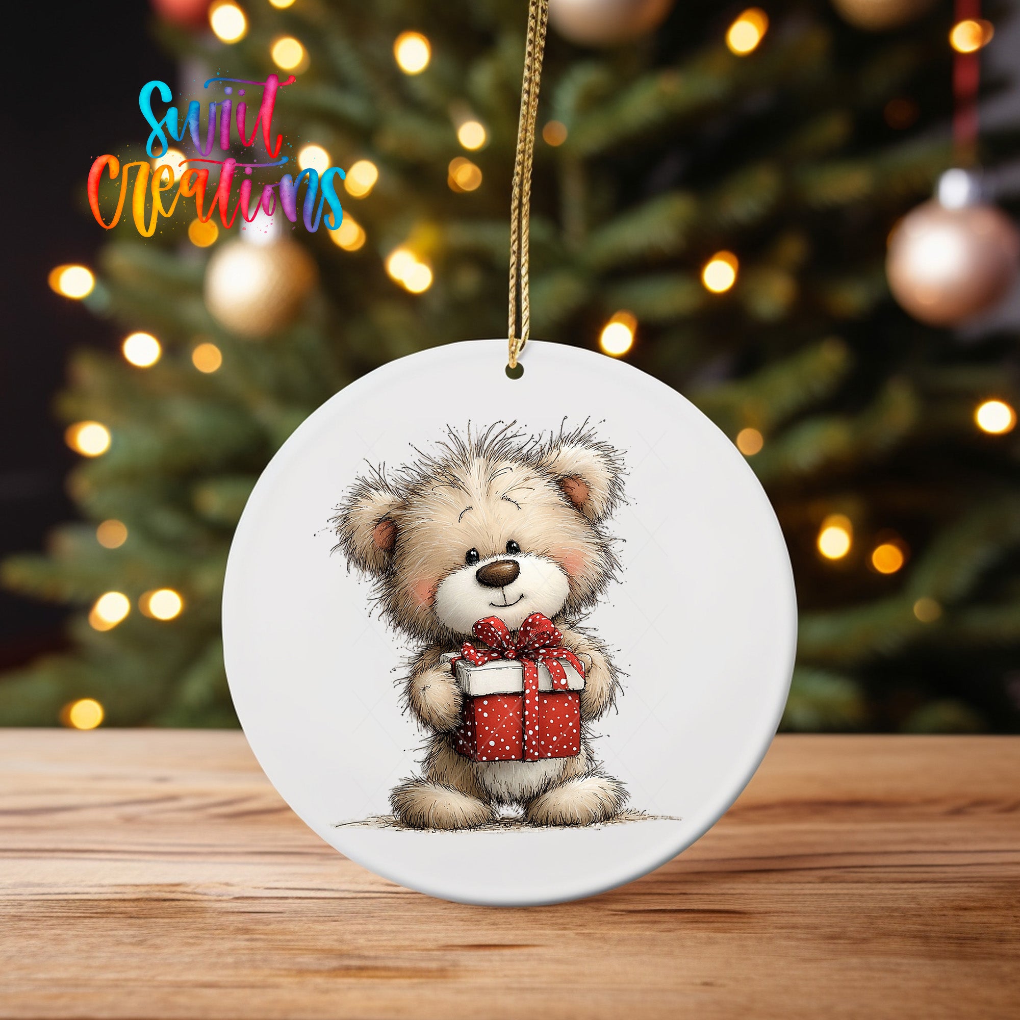 A white ceramic ornament featuring a cute teddy bear holding a red gift box, with a blurred background of a Christmas tree and twinkling lights.