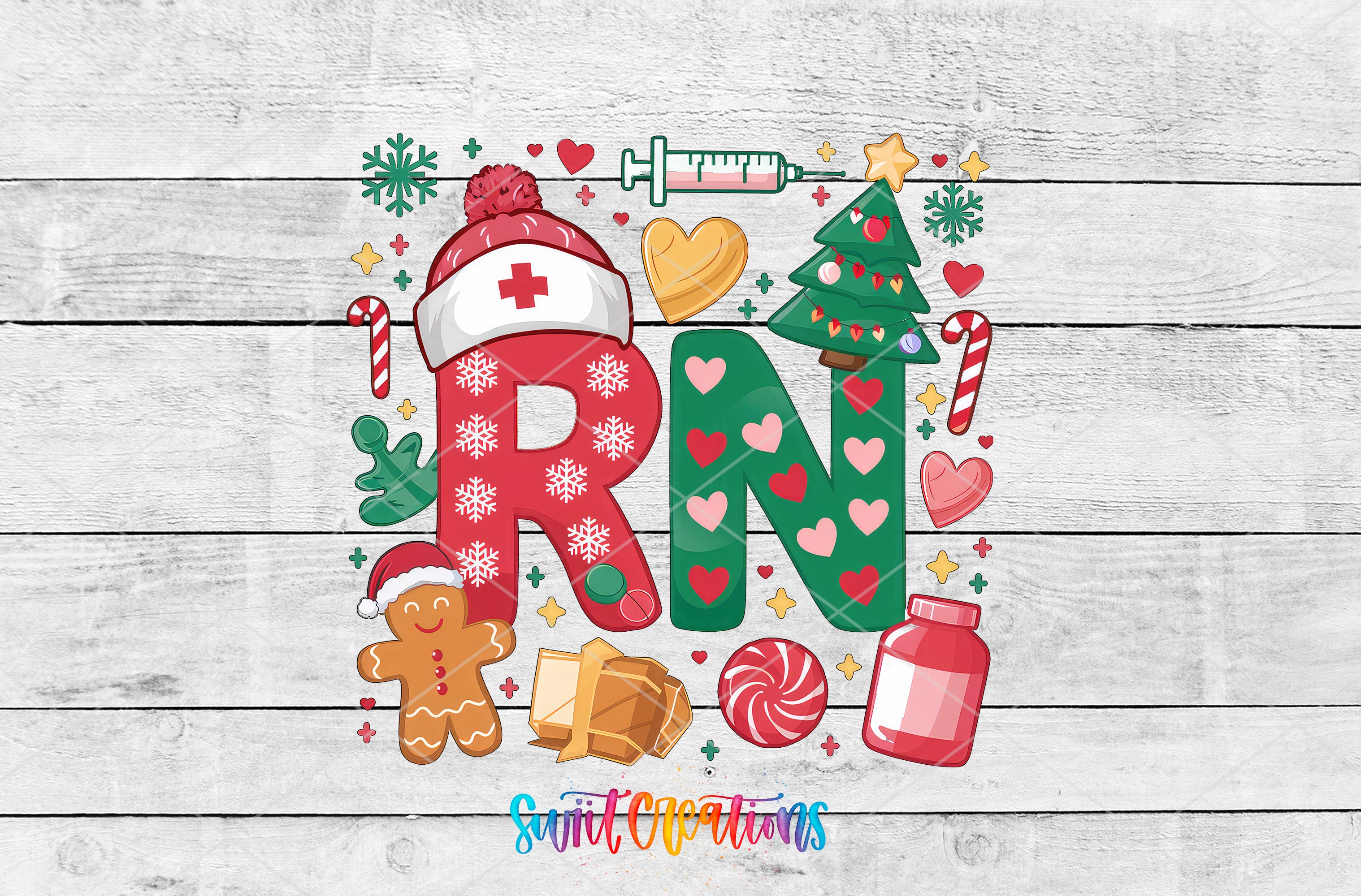 The image is a colorful and festive collage featuring various Christmas-themed elements, including a nurse's hat, a Christmas tree, candy canes, gingerbread men, and other holiday decorations.