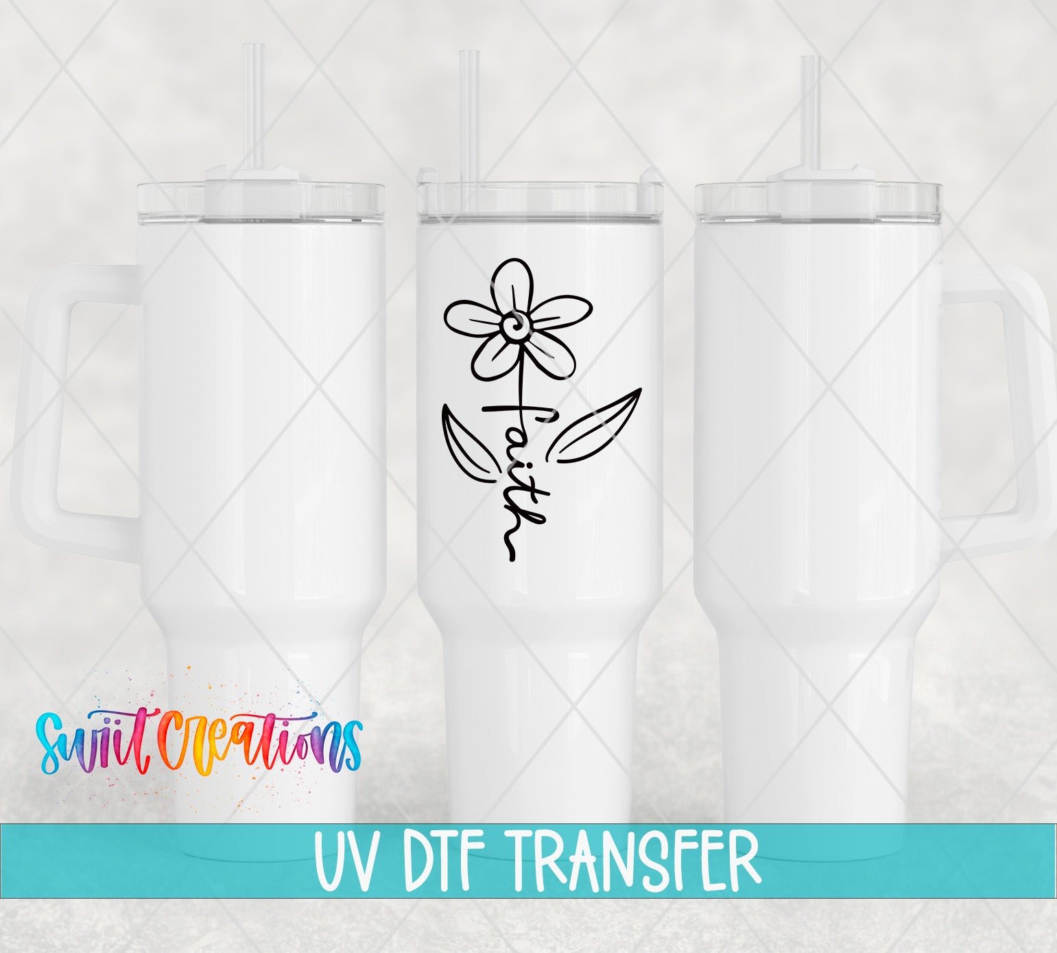 three white tumblers with flower designs and straws, along with text indicating a UV DFT (ultraviolet dye transfer) transfer.