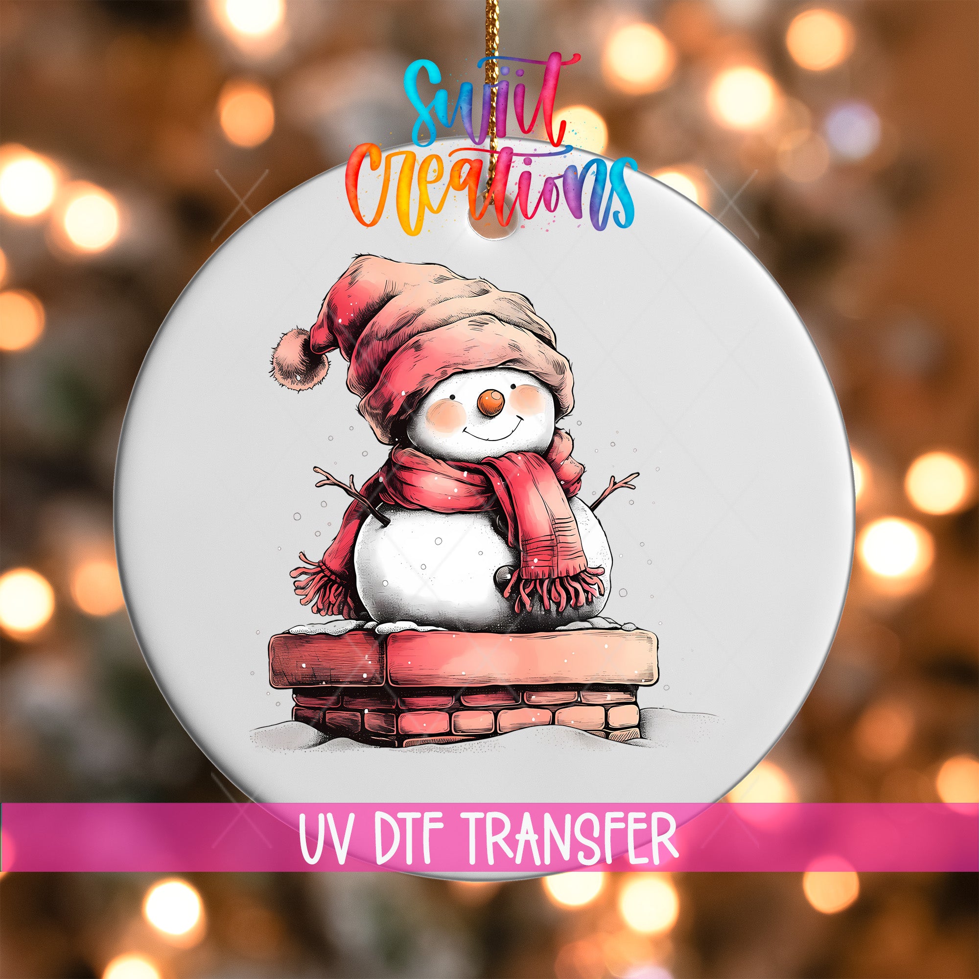 A snowman ornament with a red scarf and hat, sitting on a brick chimney, is the main focus of the image. The background is blurred with colorful lights, creating a festive atmosphere.