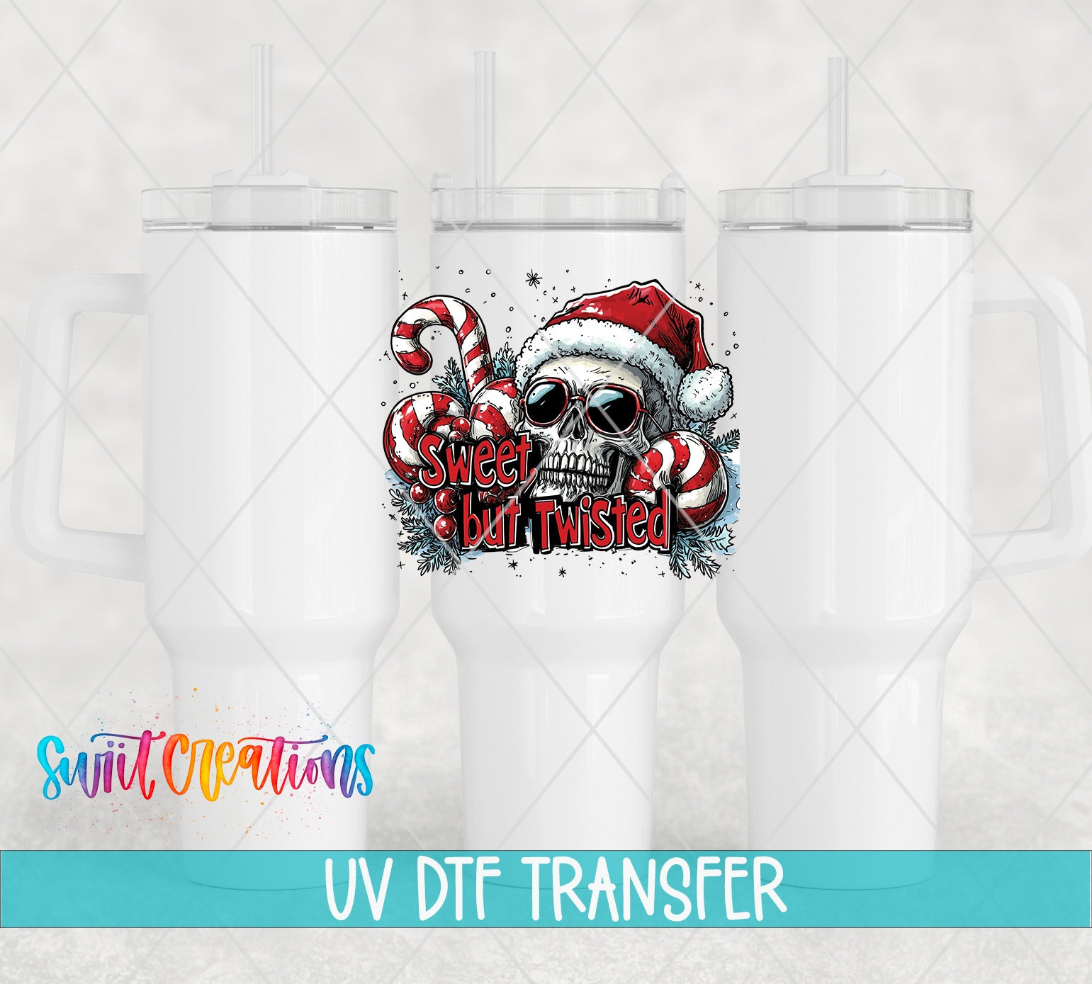 a white mug with a skull wearing a Santa hat and surrounded by candy canes, with the text "Sweet but twisted" printed on it.