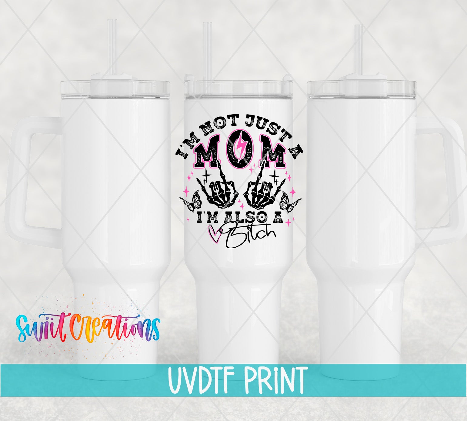 three white tumblers with a graphic design on them.