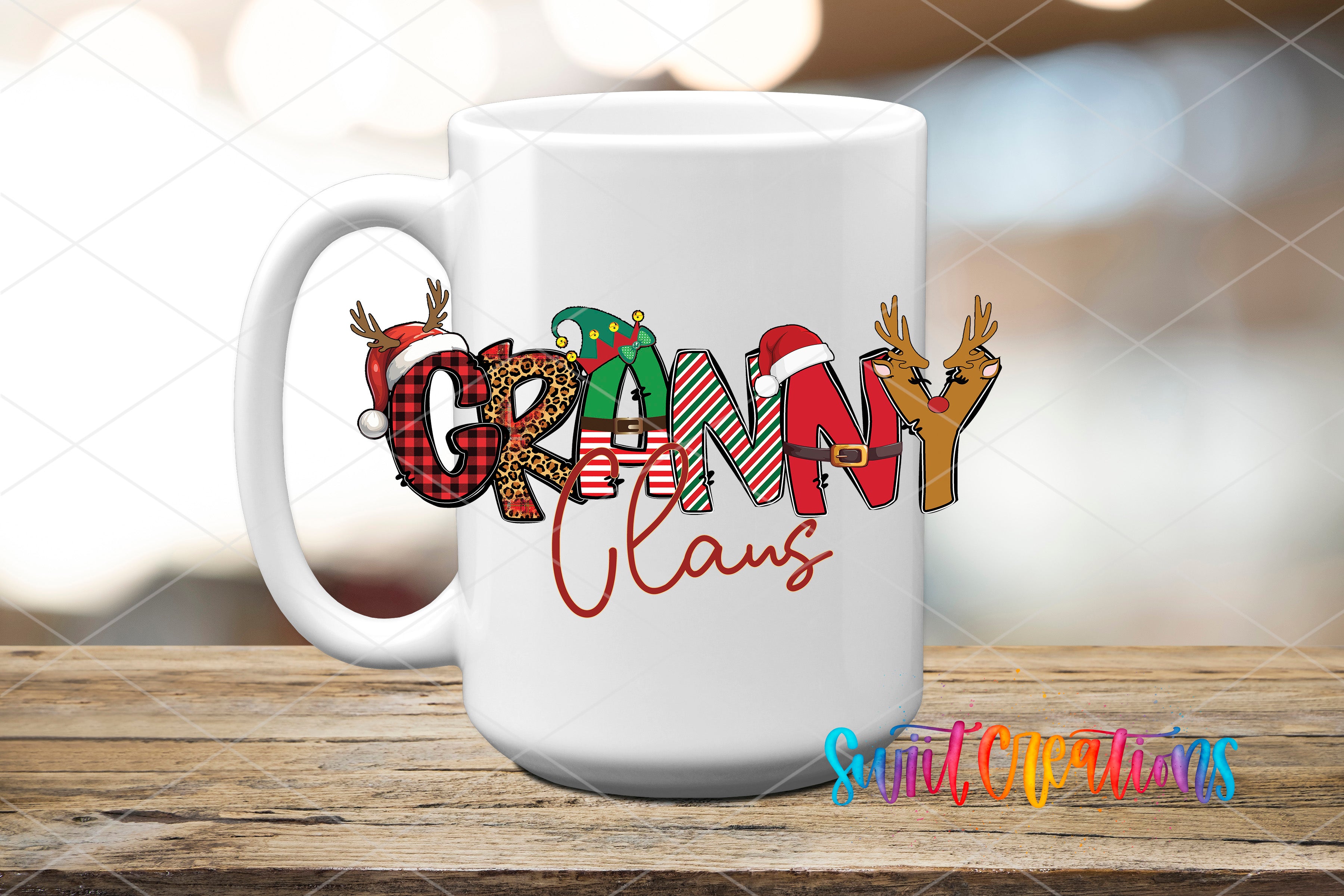 A white ceramic mug with the text "GRANNY CLANS" printed on it, featuring various Christmas-themed elements such as reindeer, Santa hats, and snowflakes.