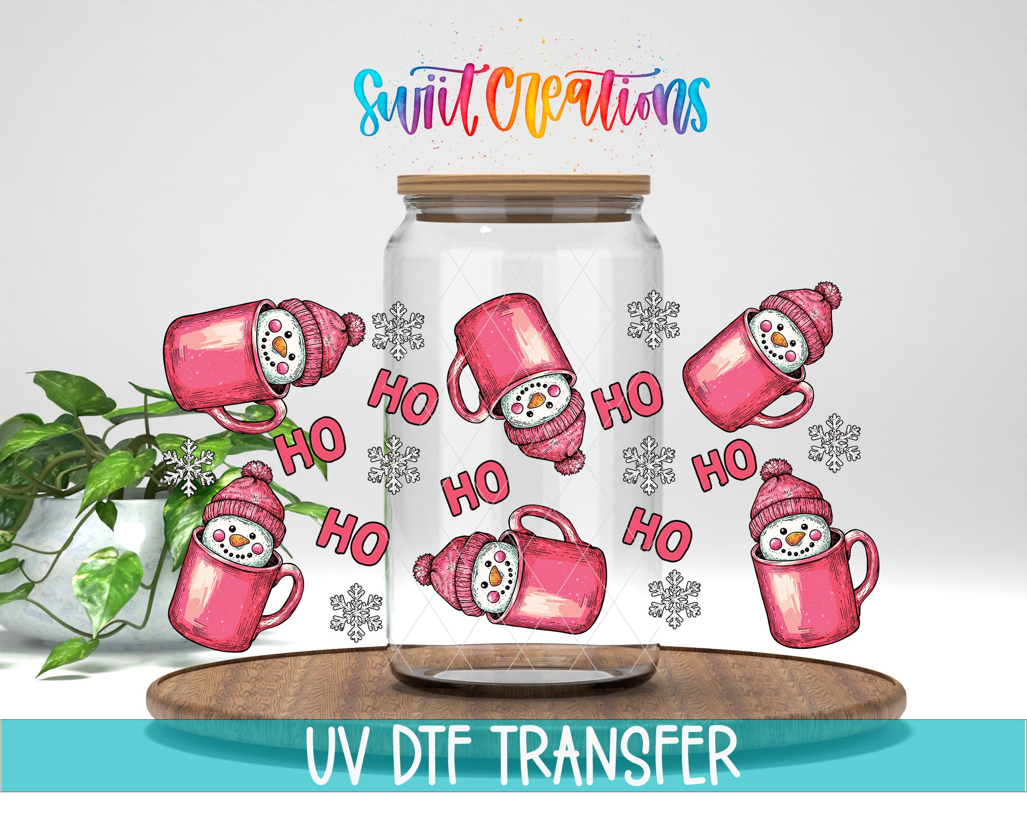 A glass jar with a lid, filled with pink mugs decorated with snowmen and snowflakes, along with the text "Swift Creations" and "UV DFT Transfer".