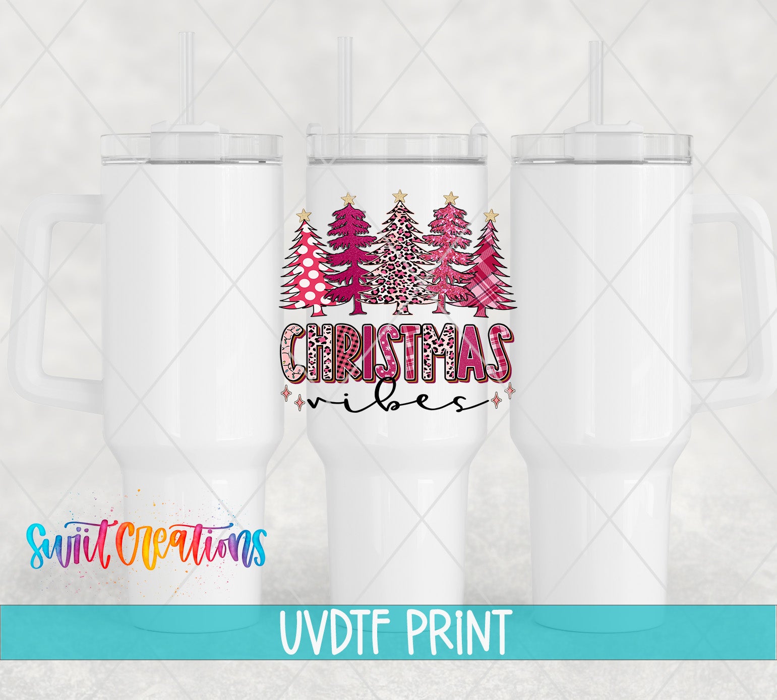 three white tumblers with a Christmas tree design printed on them.