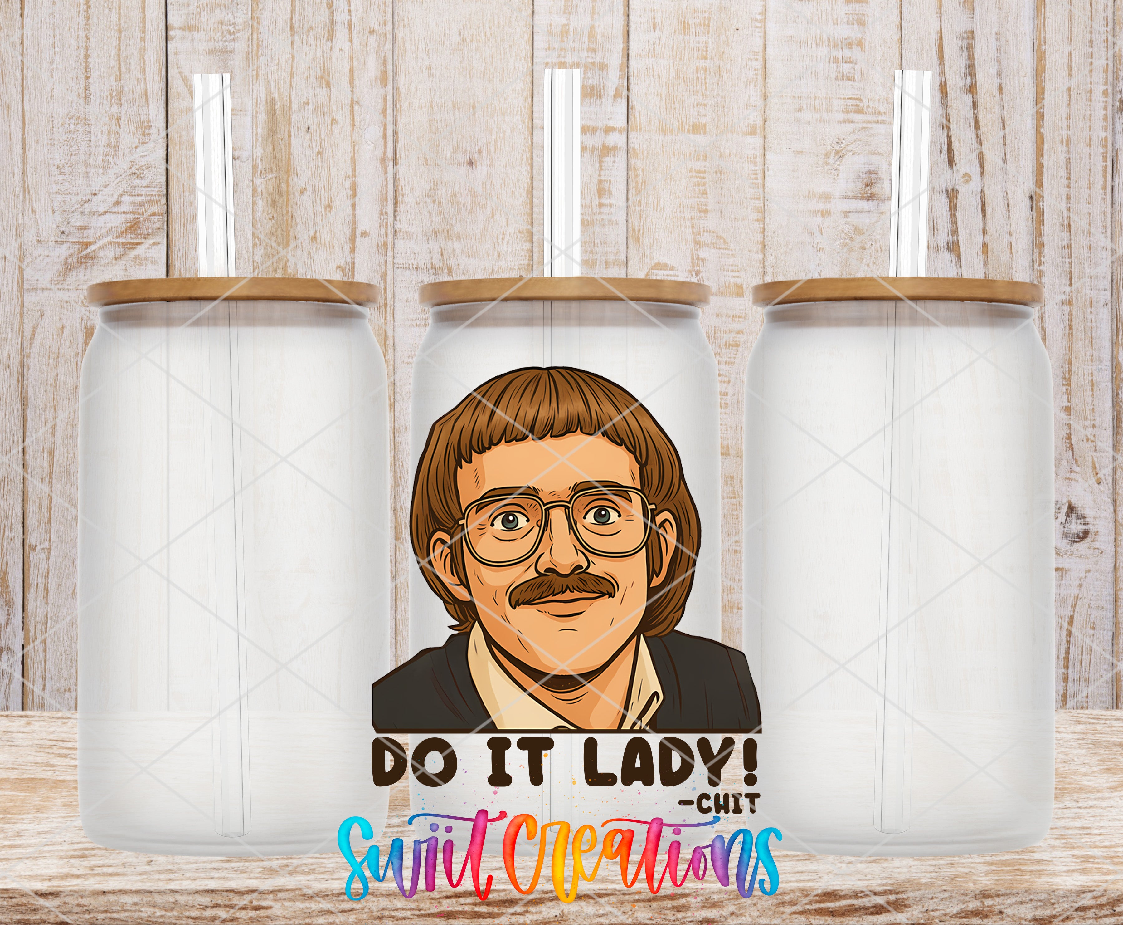 a cartoon depiction of a man with glasses and a mustache, accompanied by the text "Do it lady! - Chit" in a colorful, stylized font.