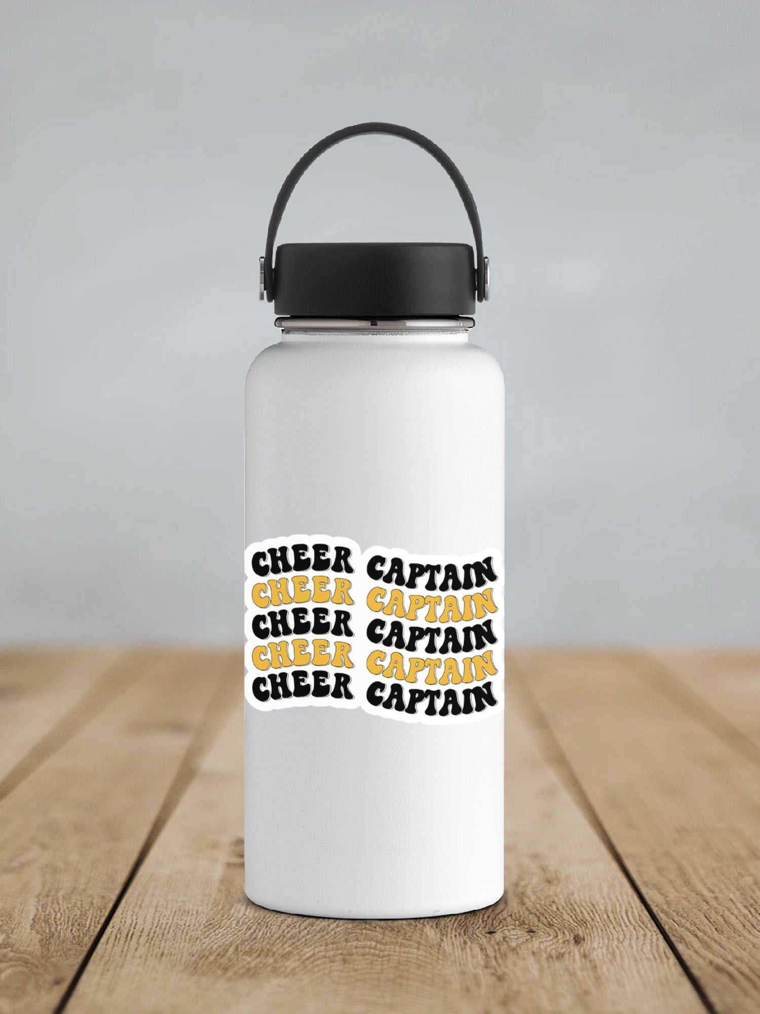 a white water bottle sitting on top of a wooden table