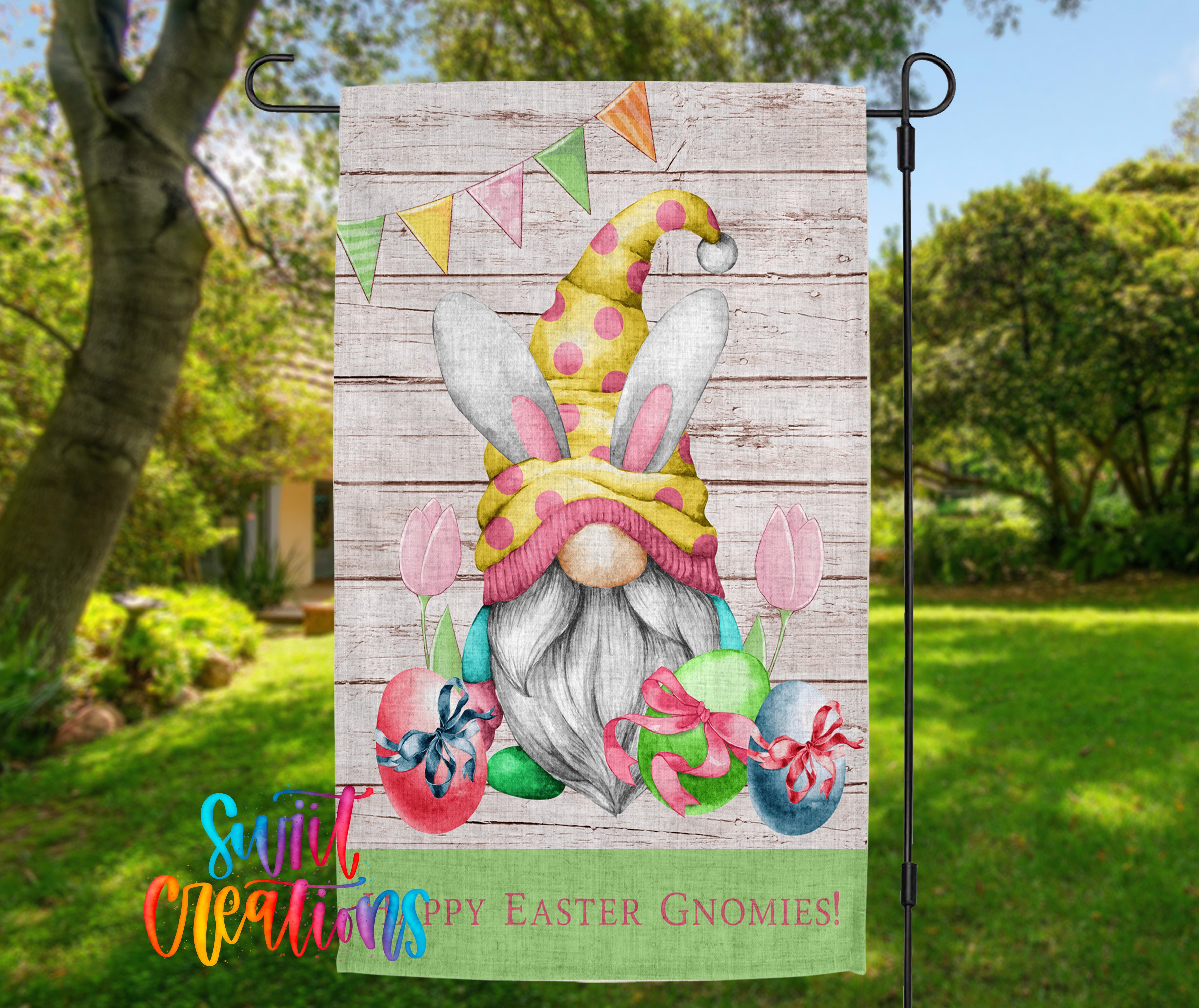 A colorful Easter-themed garden flag featuring a gnome wearing a yellow hat with polka dots, surrounded by Easter eggs, flowers, and a banner with the text "Happy Easter Gnomes!"