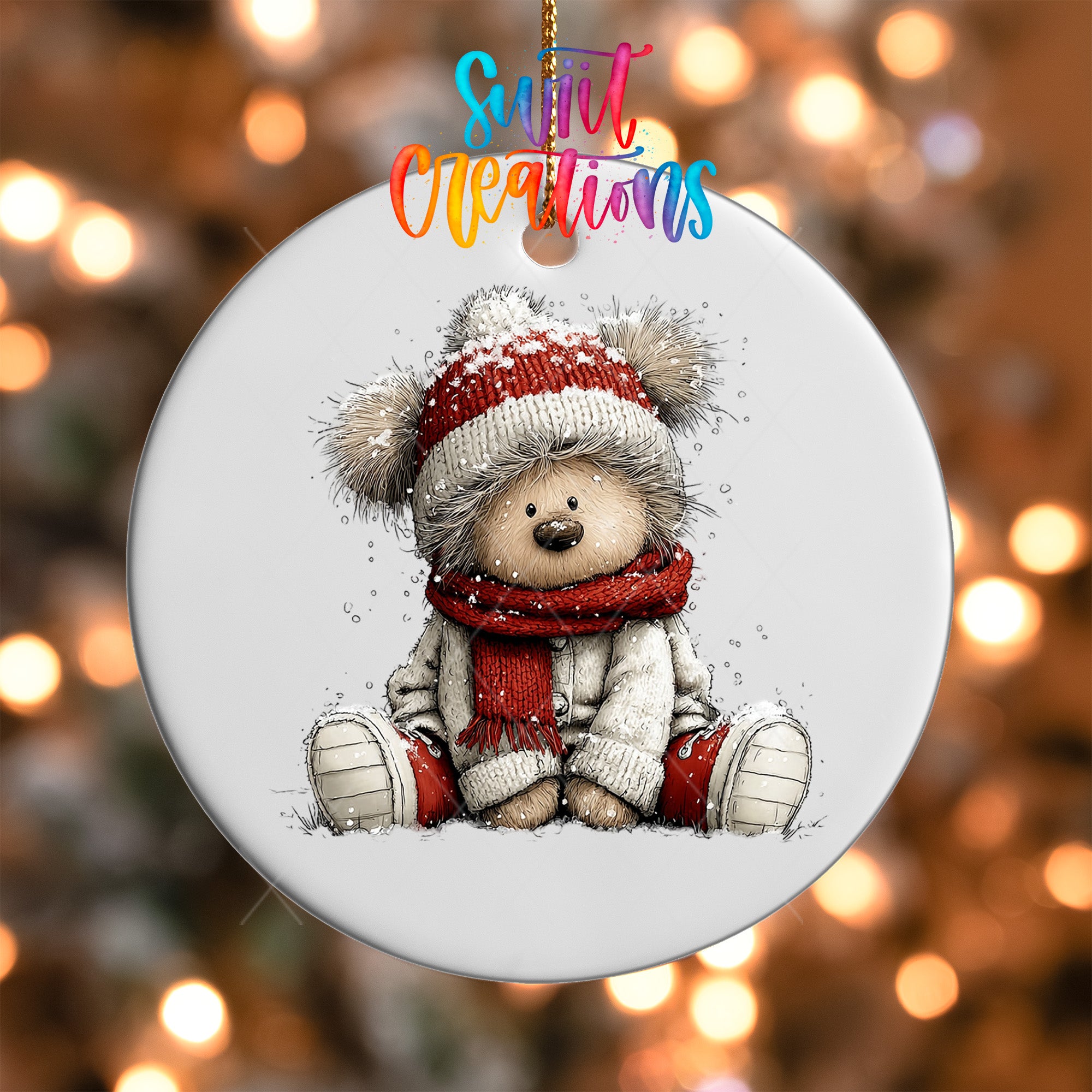A white ornament featuring a teddy bear wearing a red hat and scarf, sitting on the ground with snow on its head.