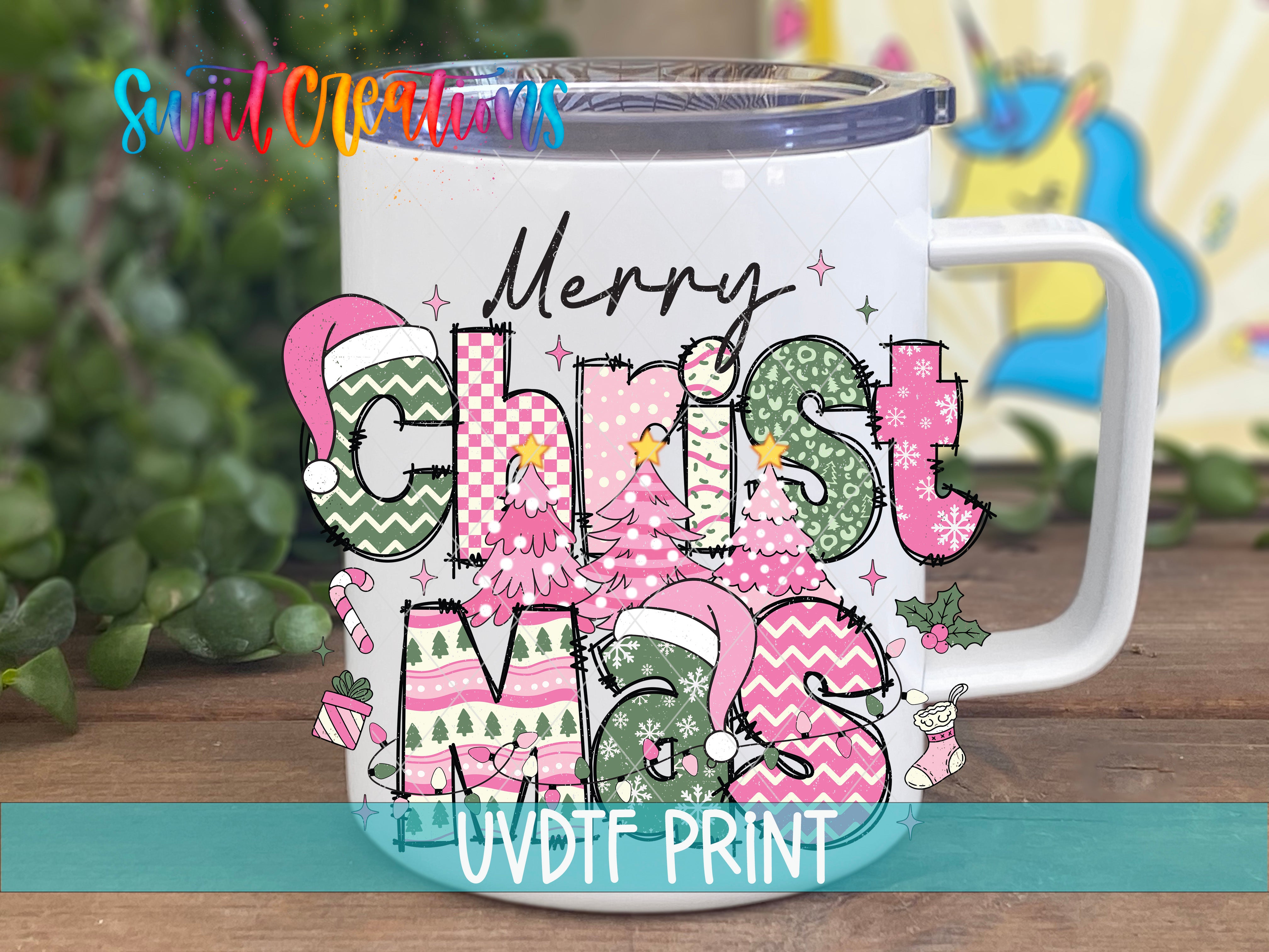 A white mug with a colorful, festive design featuring Christmas-themed elements such as trees, snowflakes, and Santa hats.