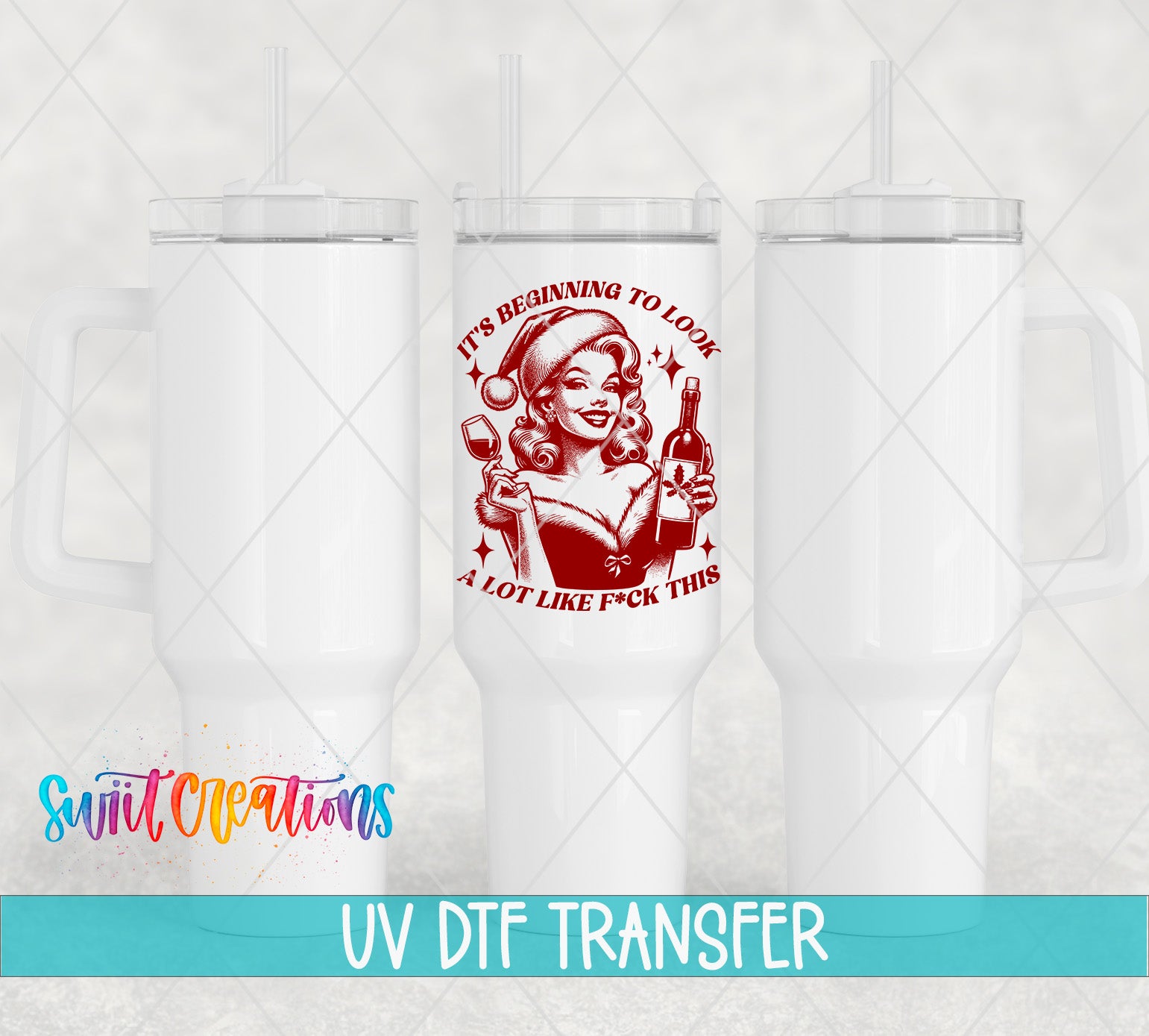 three white tumblers with a red and black design on the center, including a woman holding a wine glass and a bottle of wine.