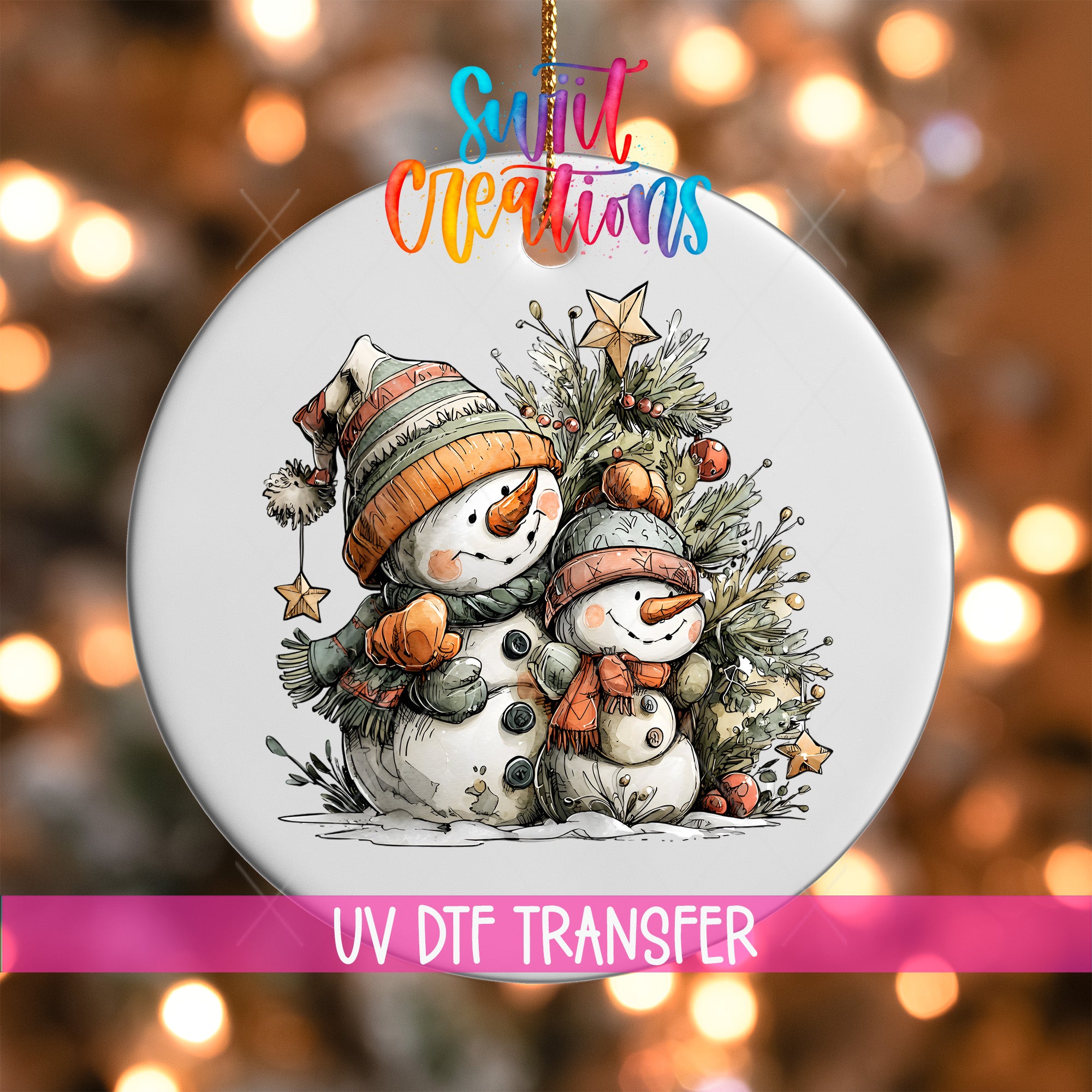 A snowman and a star on a Christmas tree ornament, with the text "Sweet Creations" and "UV Dtf Transfer" below the image.