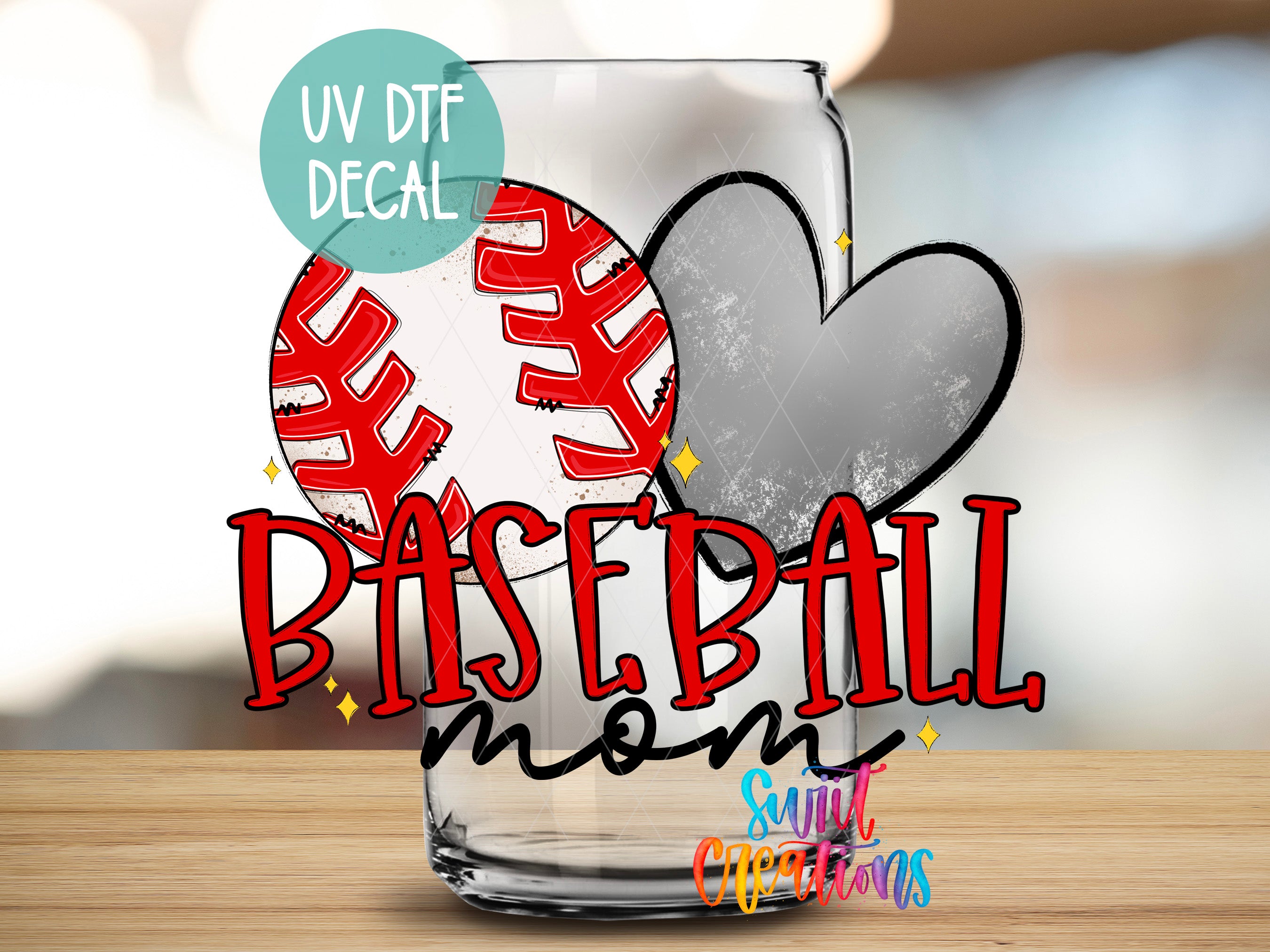 a baseball-themed decal on a glass, with the text "Baseball mom" prominently displayed.