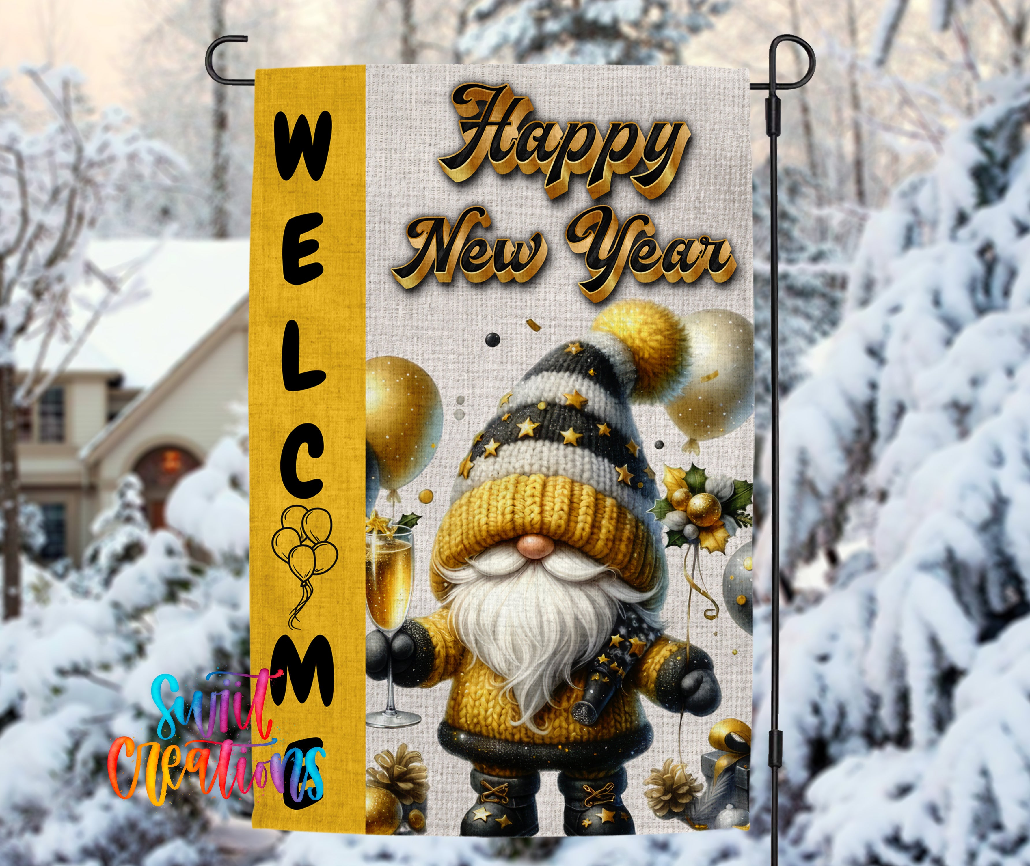 A welcome sign featuring a gnome character surrounded by festive elements such as balloons and a glass of champagne.