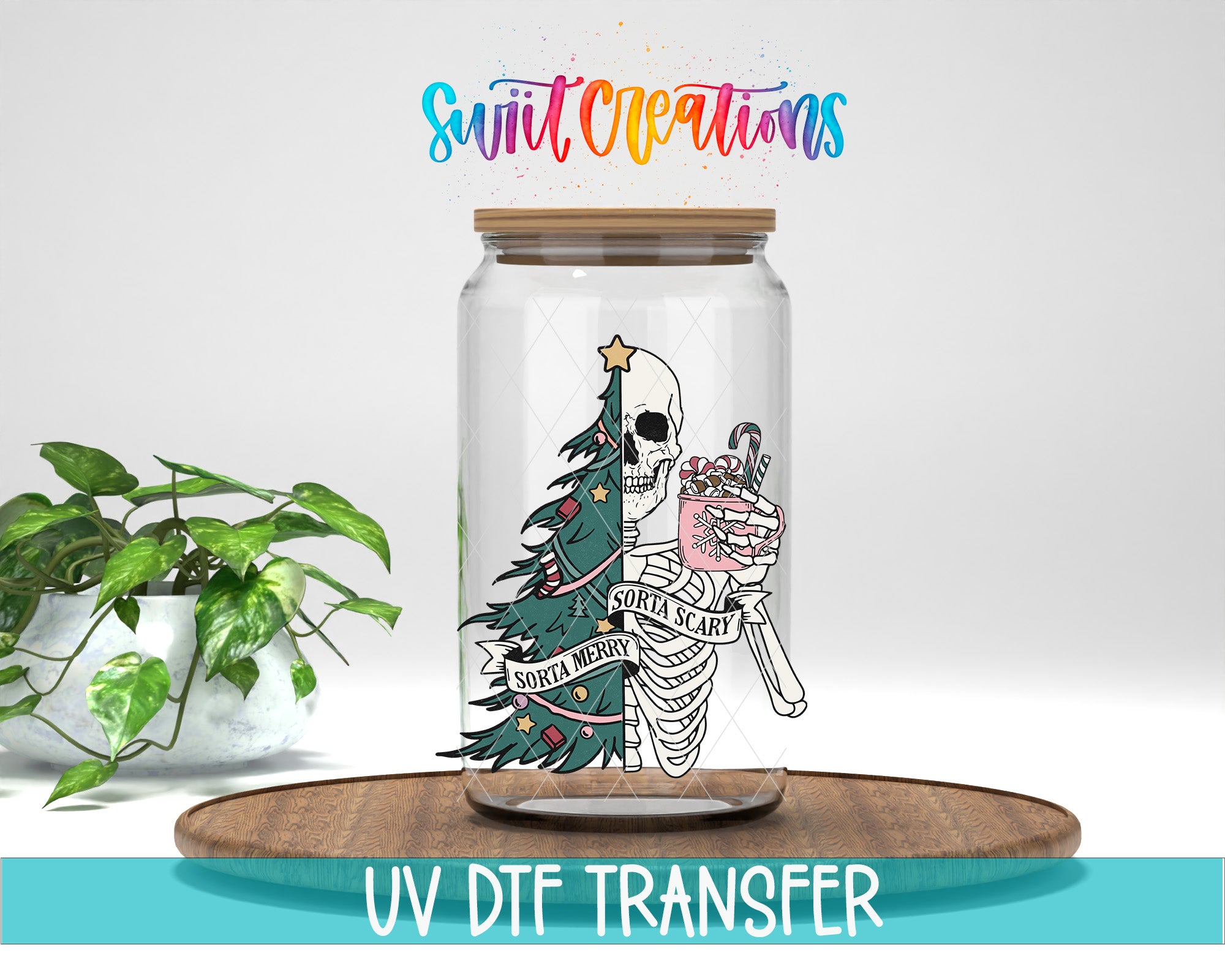 A glass jar with a skeleton holding a Christmas tree and candy canes, accompanied by the text "Swift Creations" and "SORTA SCARY" on the jar.