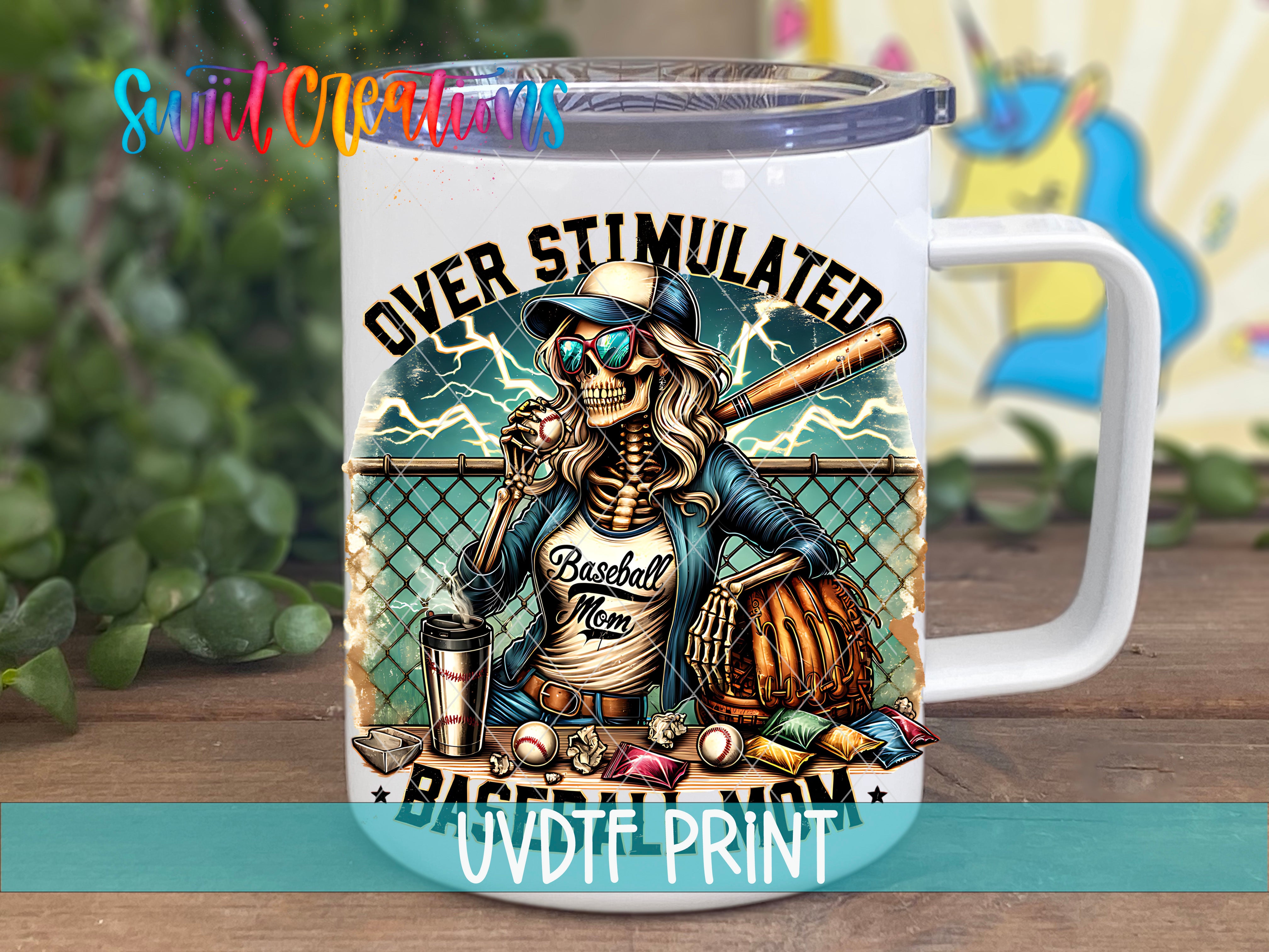 A mug with an illustration of a skeleton wearing a baseball uniform and holding a baseball bat, surrounded by baseball-related items.