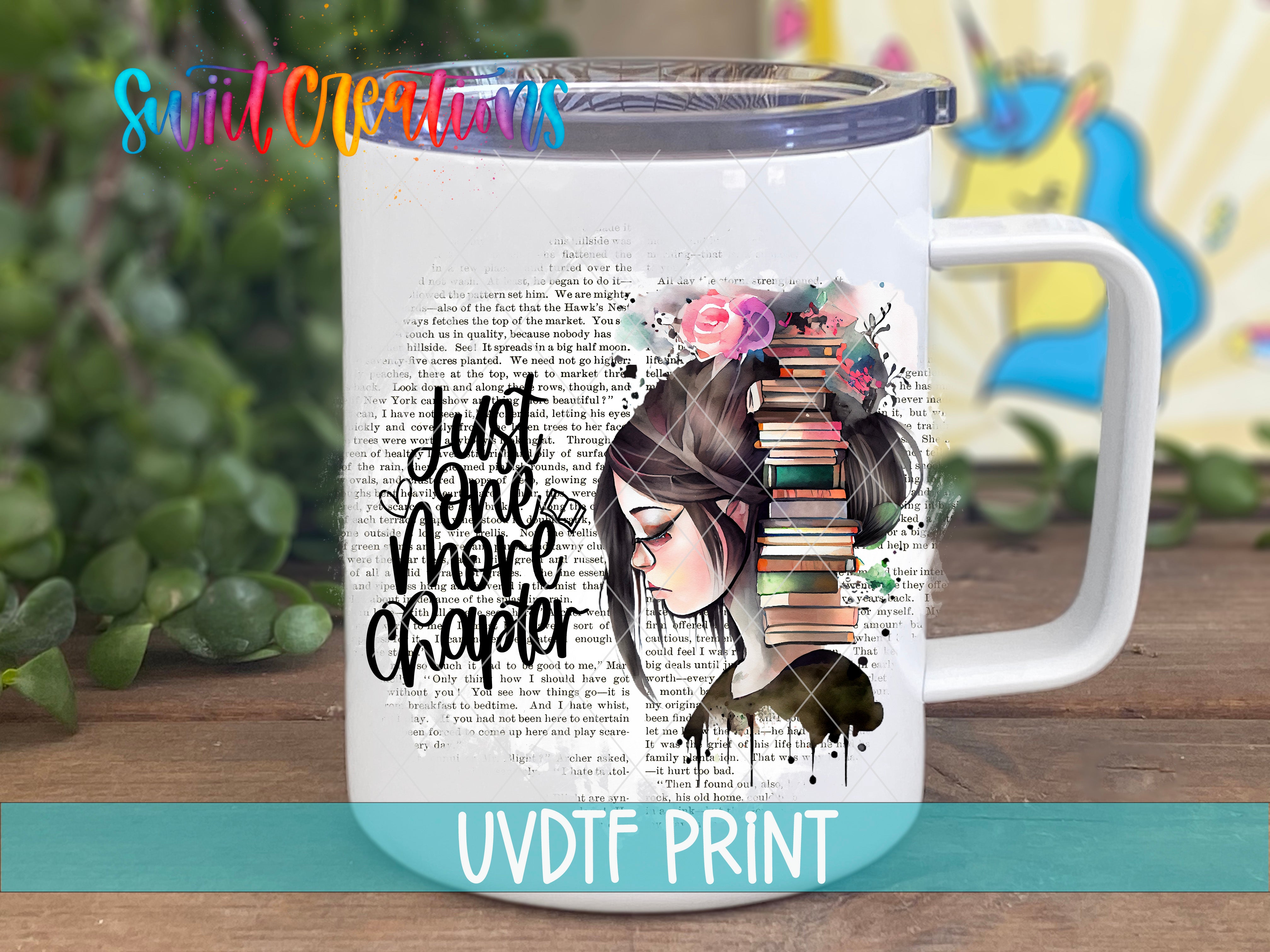 A white mug with a printed design featuring a woman's face surrounded by books and flowers.