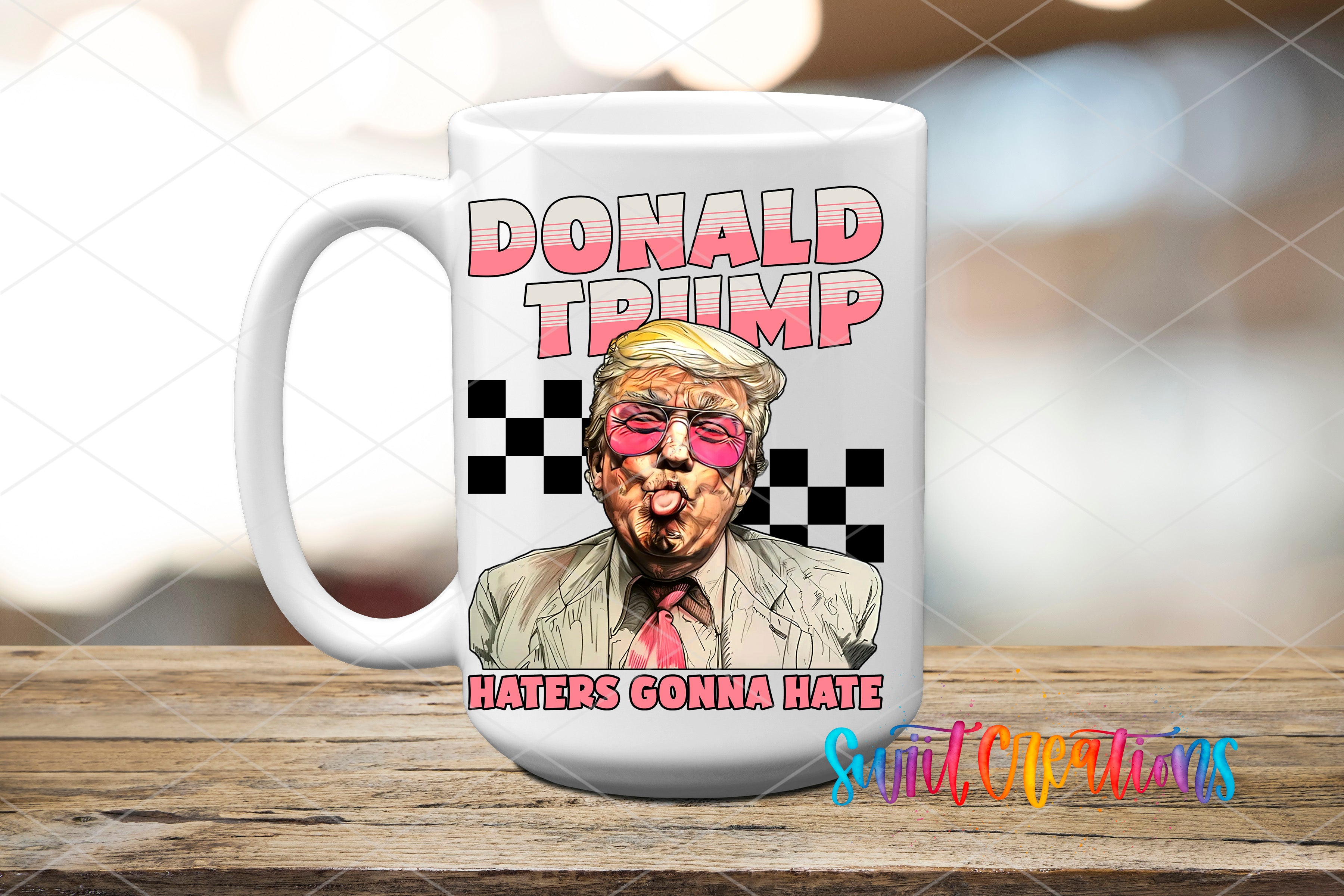 A white ceramic mug with a graphic design featuring a cartoon-style depiction of Donald Trump along with the text "DONALD TRUMP HATERS GONNA HATE" and a checkerboard pattern.