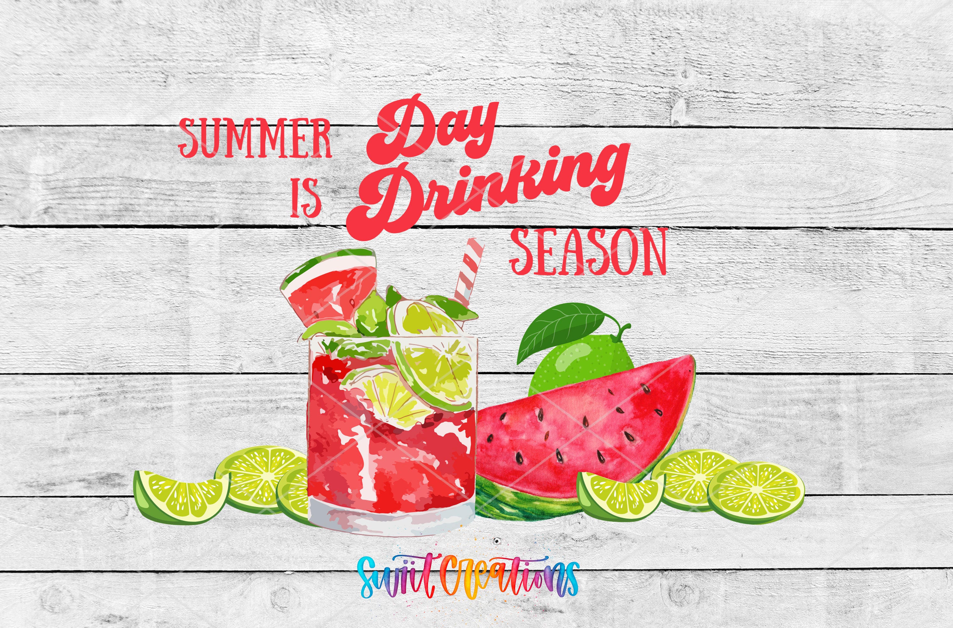 The image is a vibrant illustration of summer drinks, featuring a glass of watermelon juice, a slice of watermelon, and a slice of lime, all set against a wooden background. The text "Summer is Drinking Season" is prominently displayed above the drinks, emphasizing the theme of summer and the enjoyment of summer beverages.