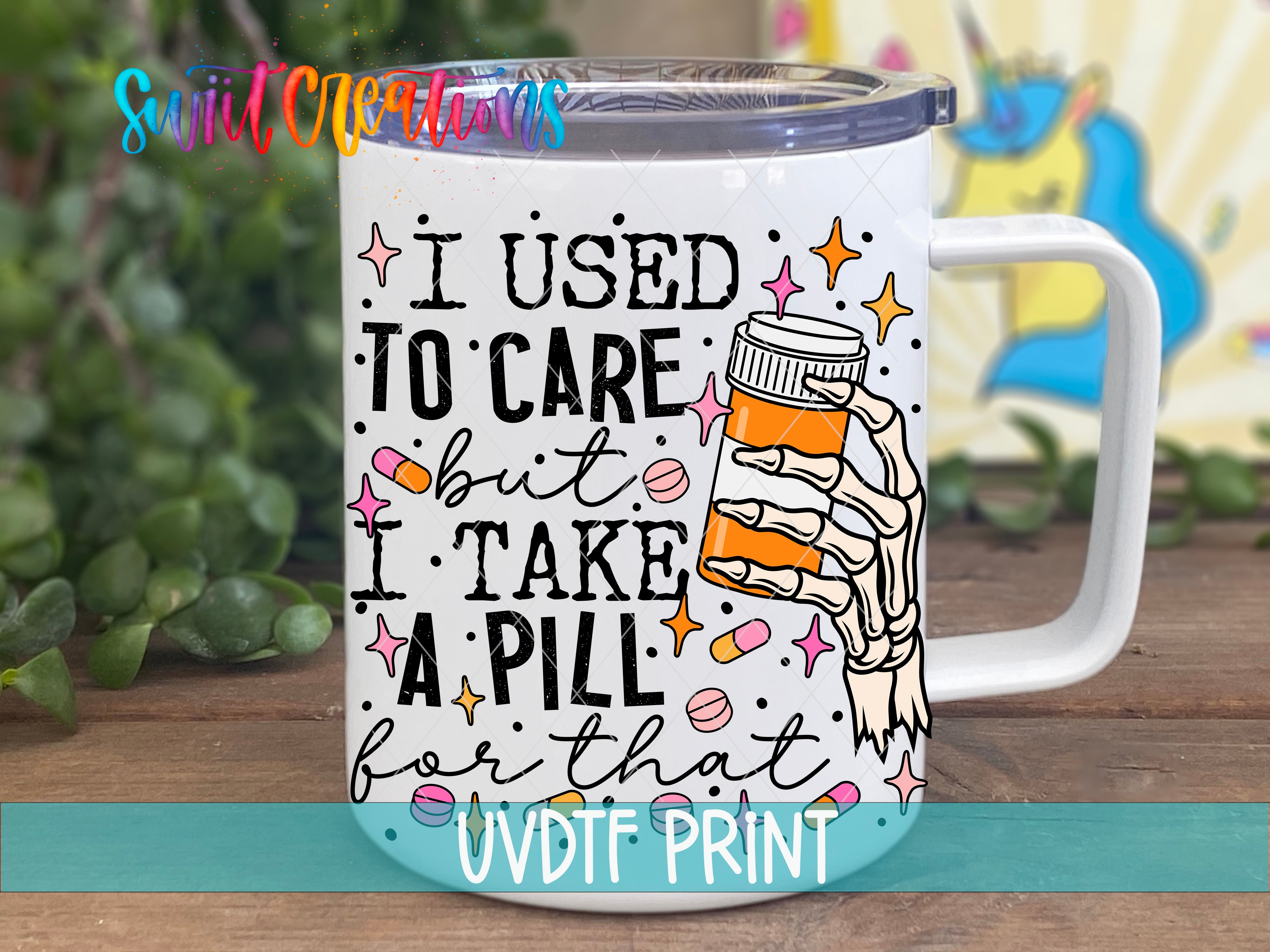 A white mug with a colorful design and text printed on it.