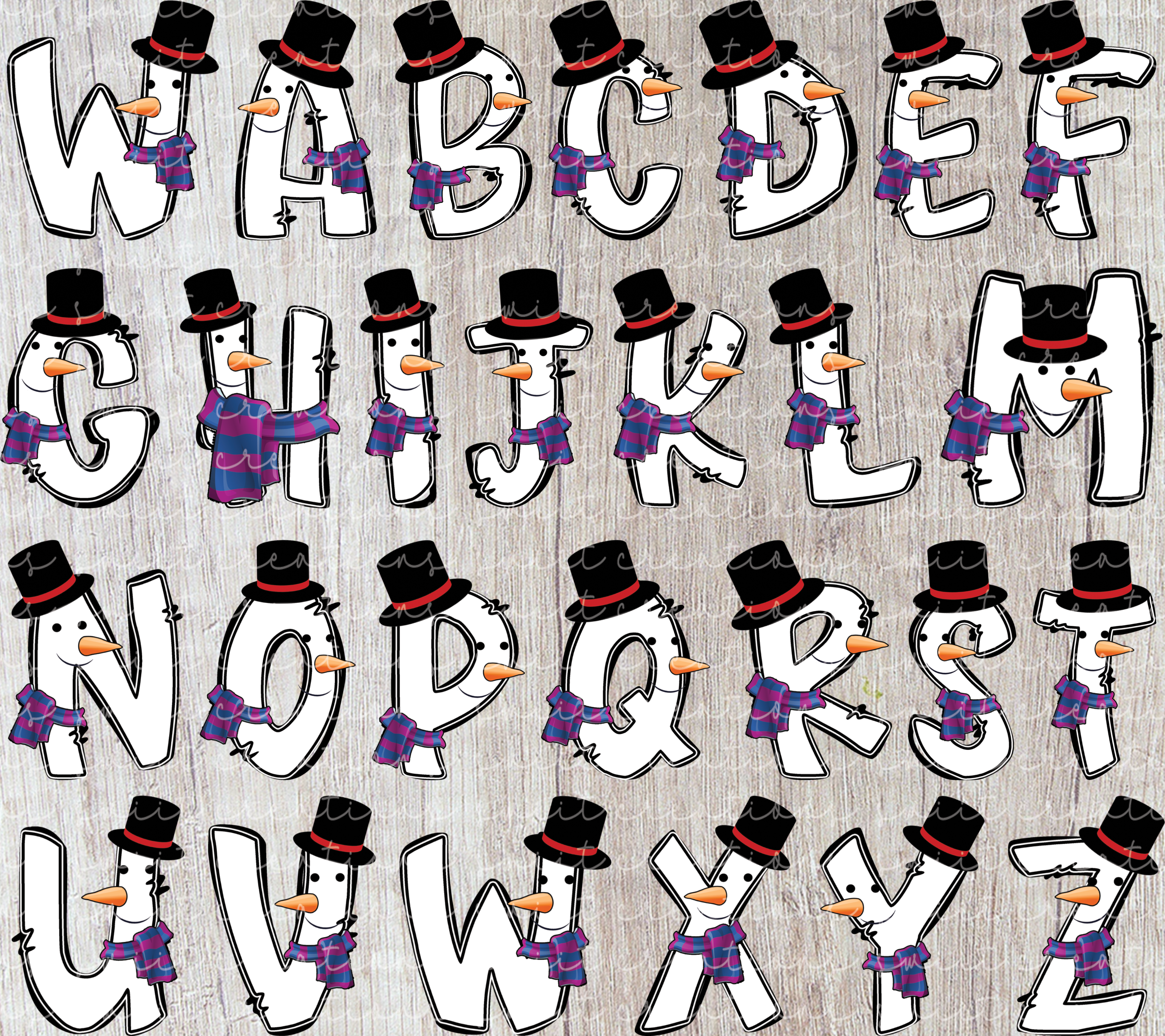 a collection of snowman-like characters representing the alphabet, each wearing a top hat and scarf.