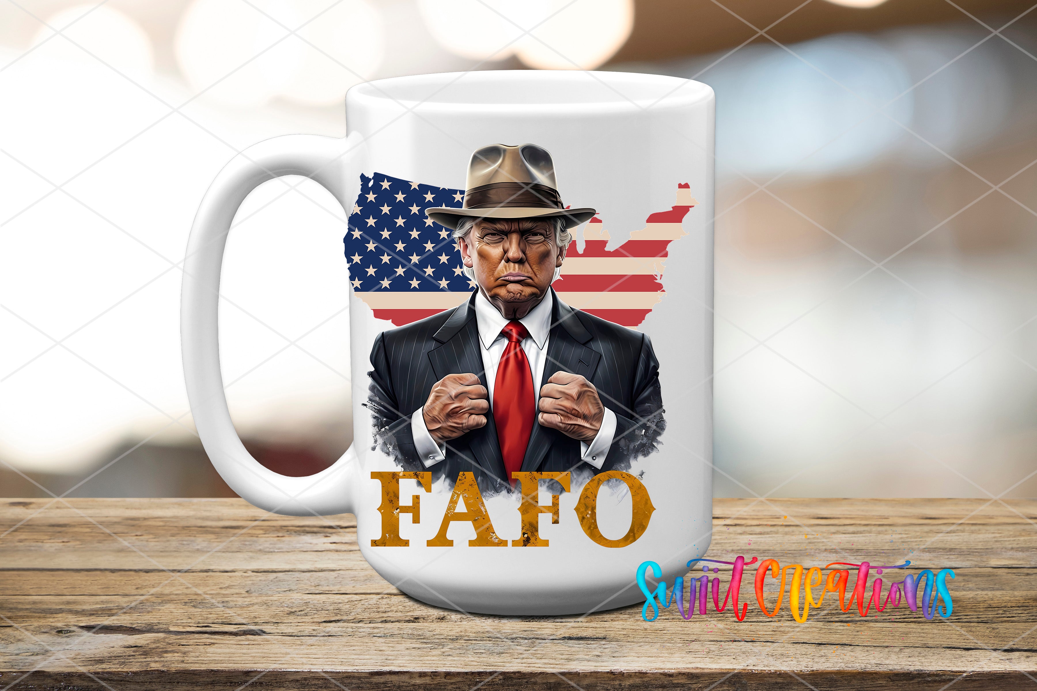 A white ceramic mug with an illustration of a man wearing a suit and hat, with the word "FAFO" written below the image.