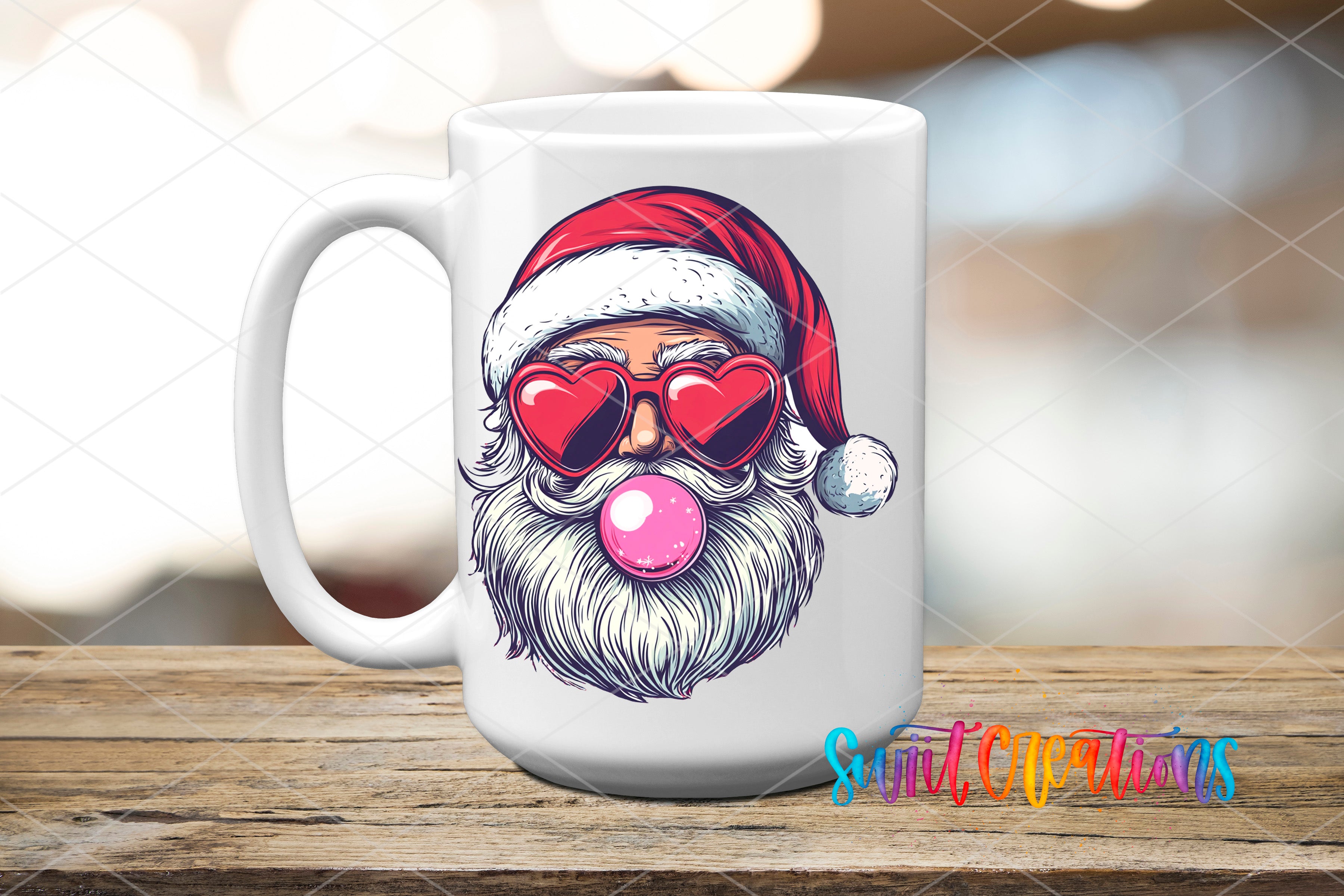 A white ceramic mug with a graphic of Santa Claus wearing sunglasses and blowing a bubble gum bubble.