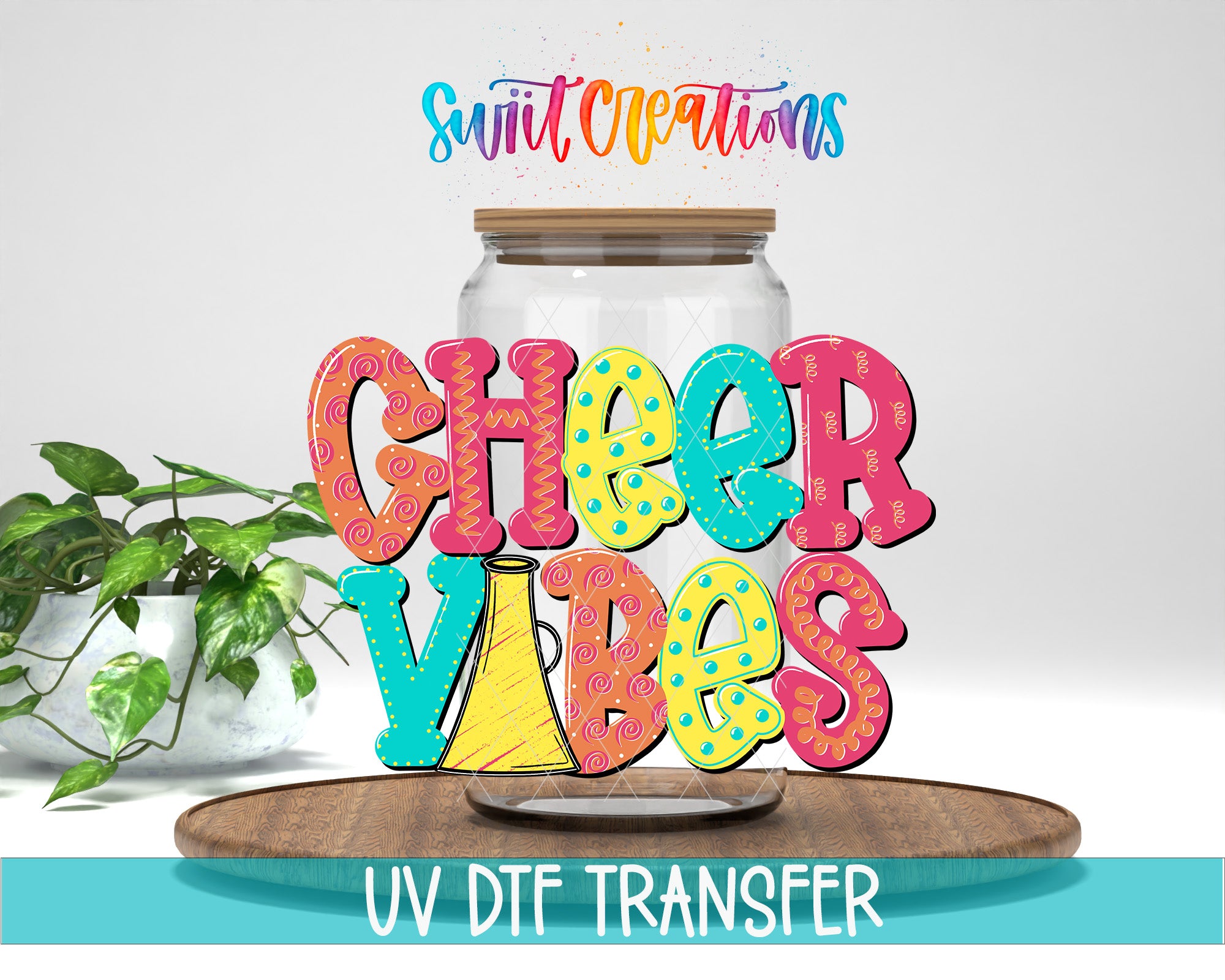 a colorful and vibrant design with the words "CHEER VIBES" prominently displayed in a jar, surrounded by various decorative elements.