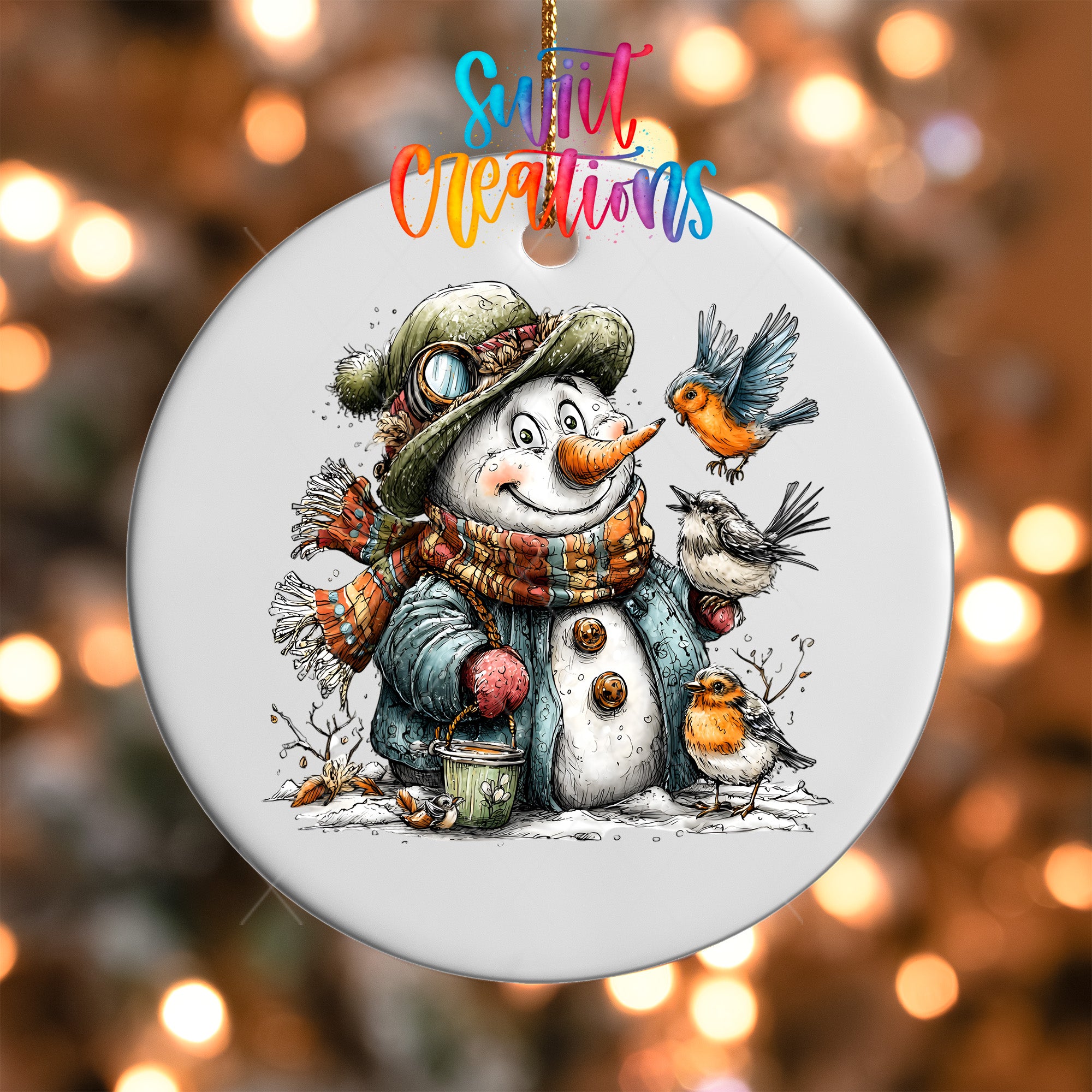 A snowman wearing a hat and scarf, holding a cup and interacting with two birds, is the central focus of the image.