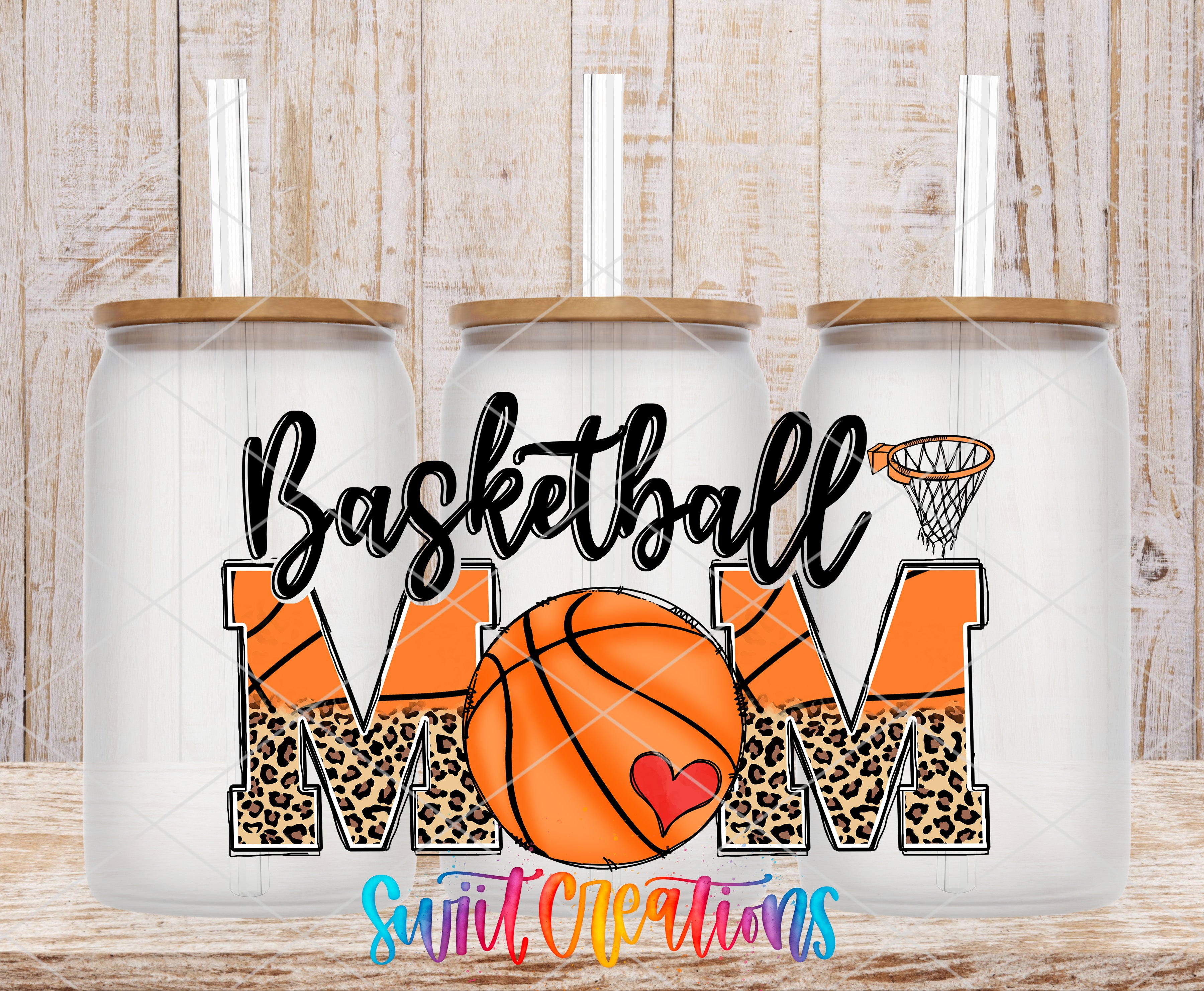 A collage of three glass tumblers with the text "Basketball Mom" printed on them, along with a basketball graphic and leopard print lettering.