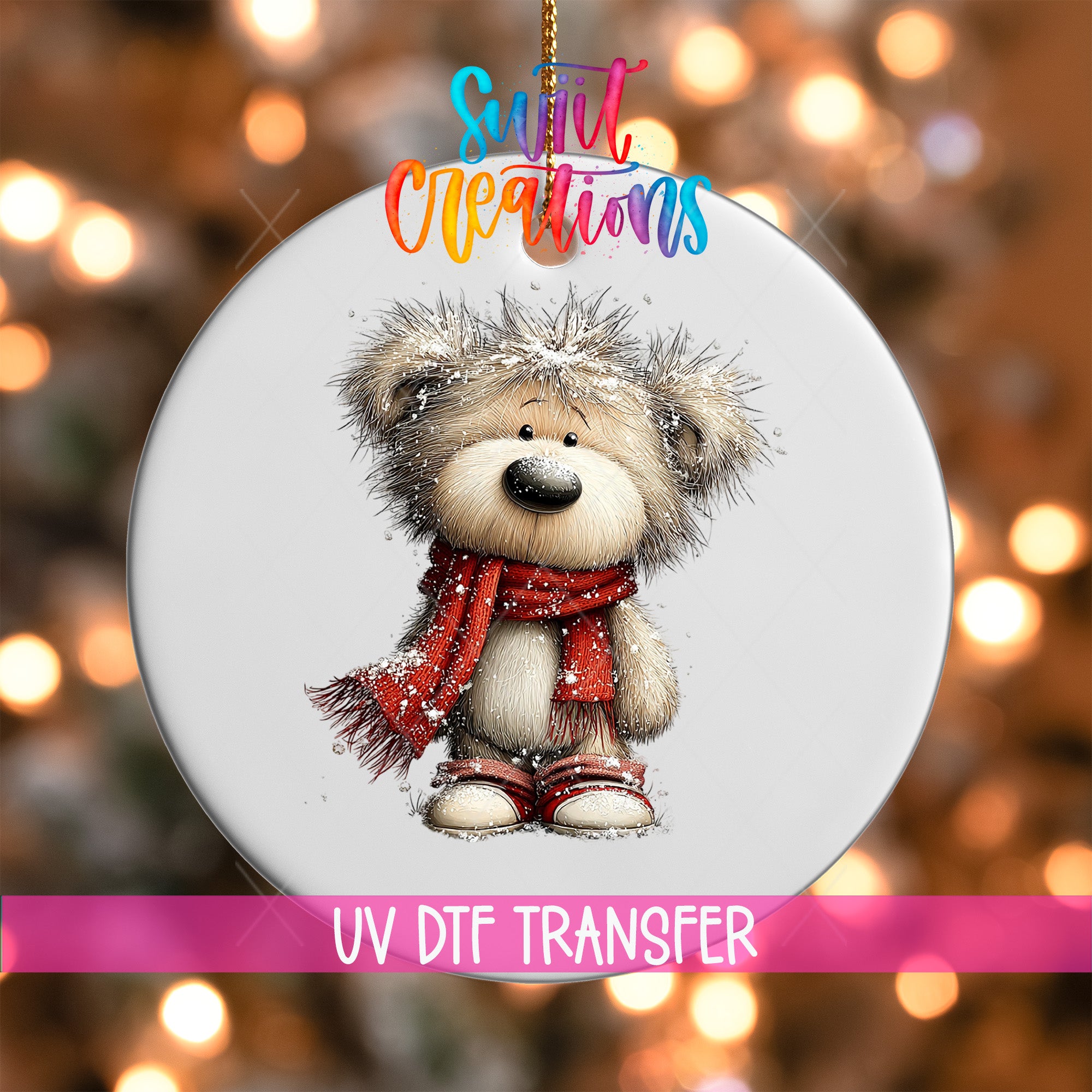 A white ornament with a cute teddy bear wearing a red scarf and standing in front of a blurred background with colorful lights.