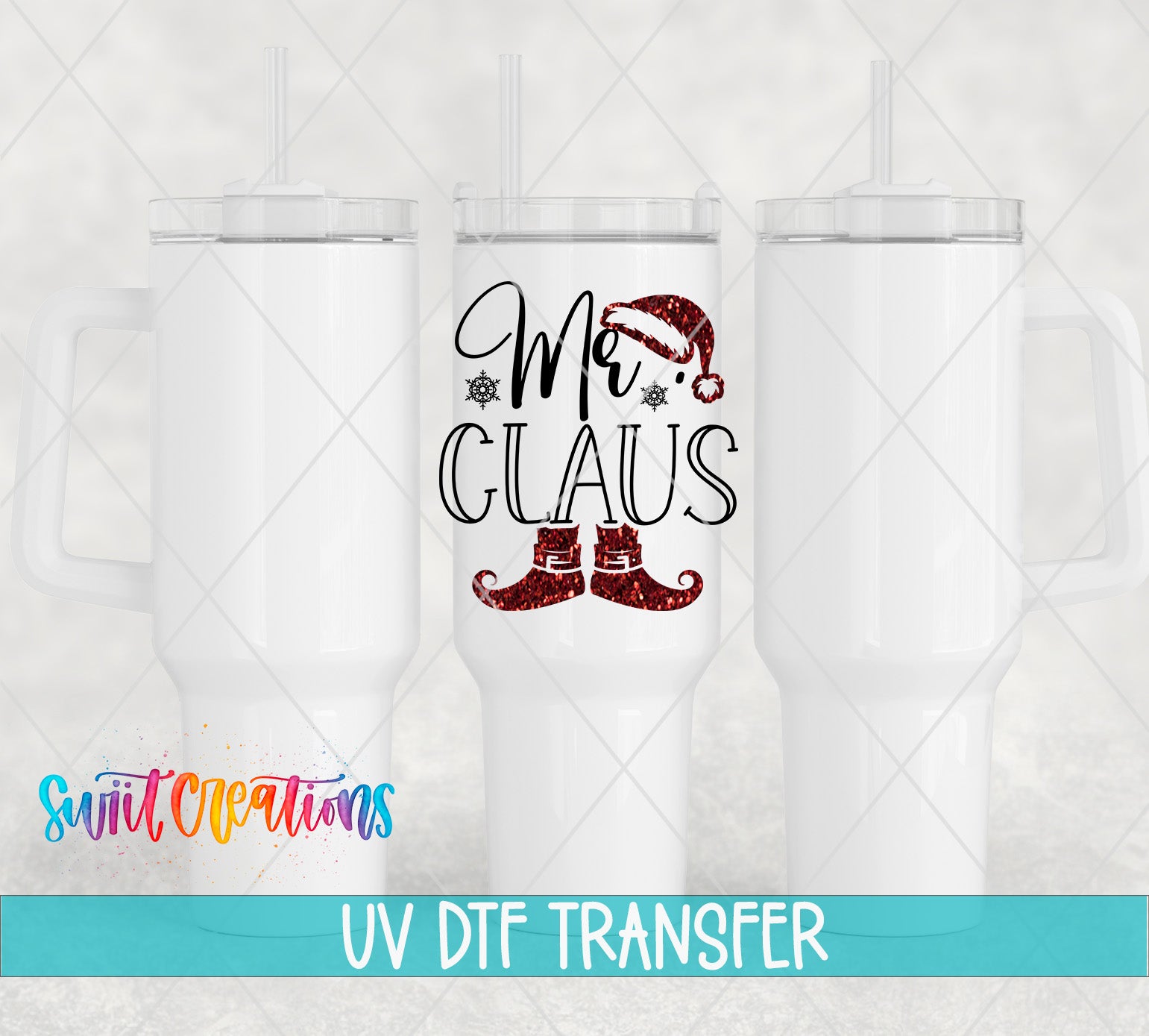 three white tumblers with a design that includes a Santa Claus hat and the text "Mr. Claus" printed on them.