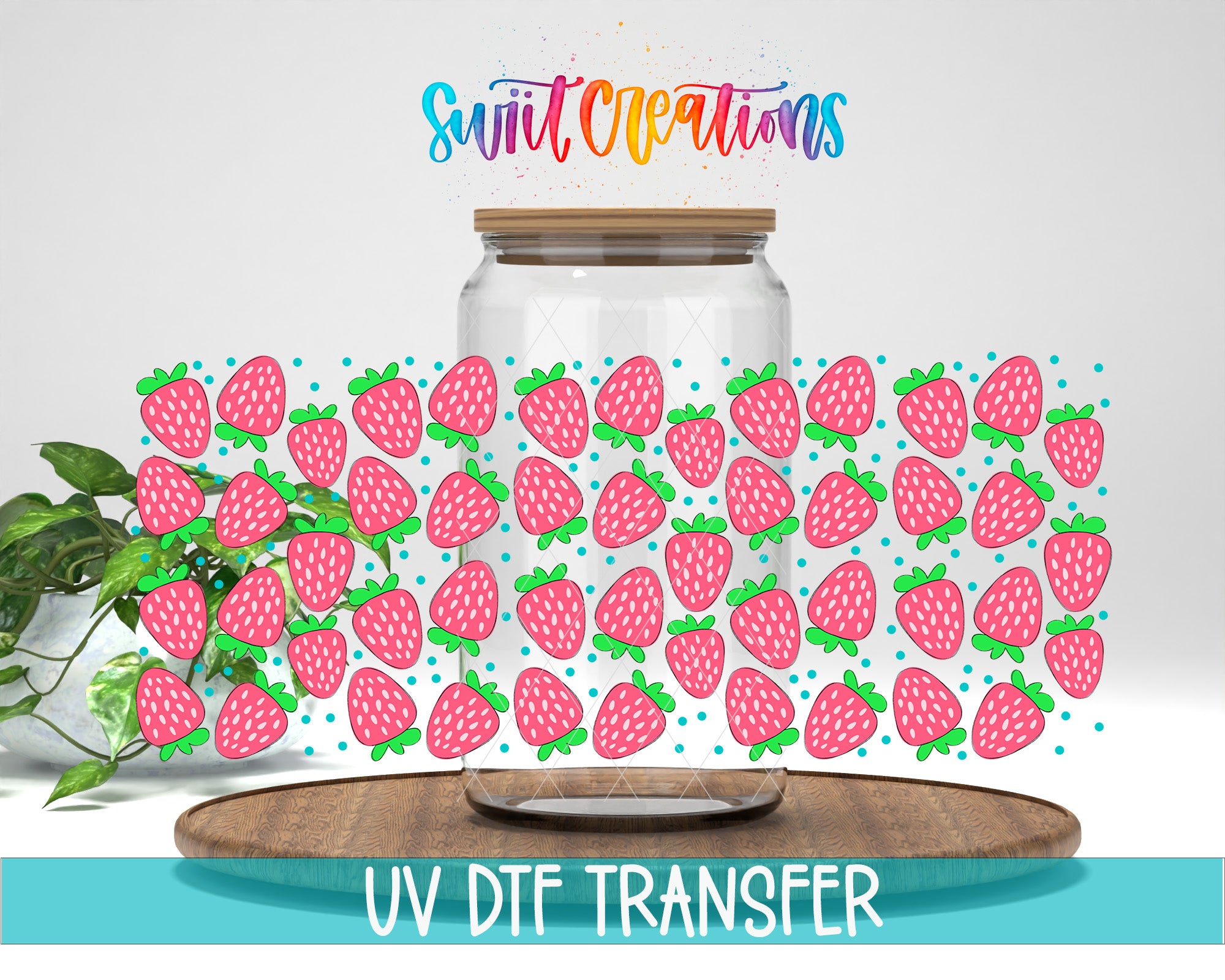 a clear glass jar filled with pink strawberries, surrounded by a pattern of pink and green dots, and the text "Swift Creations" written above it.